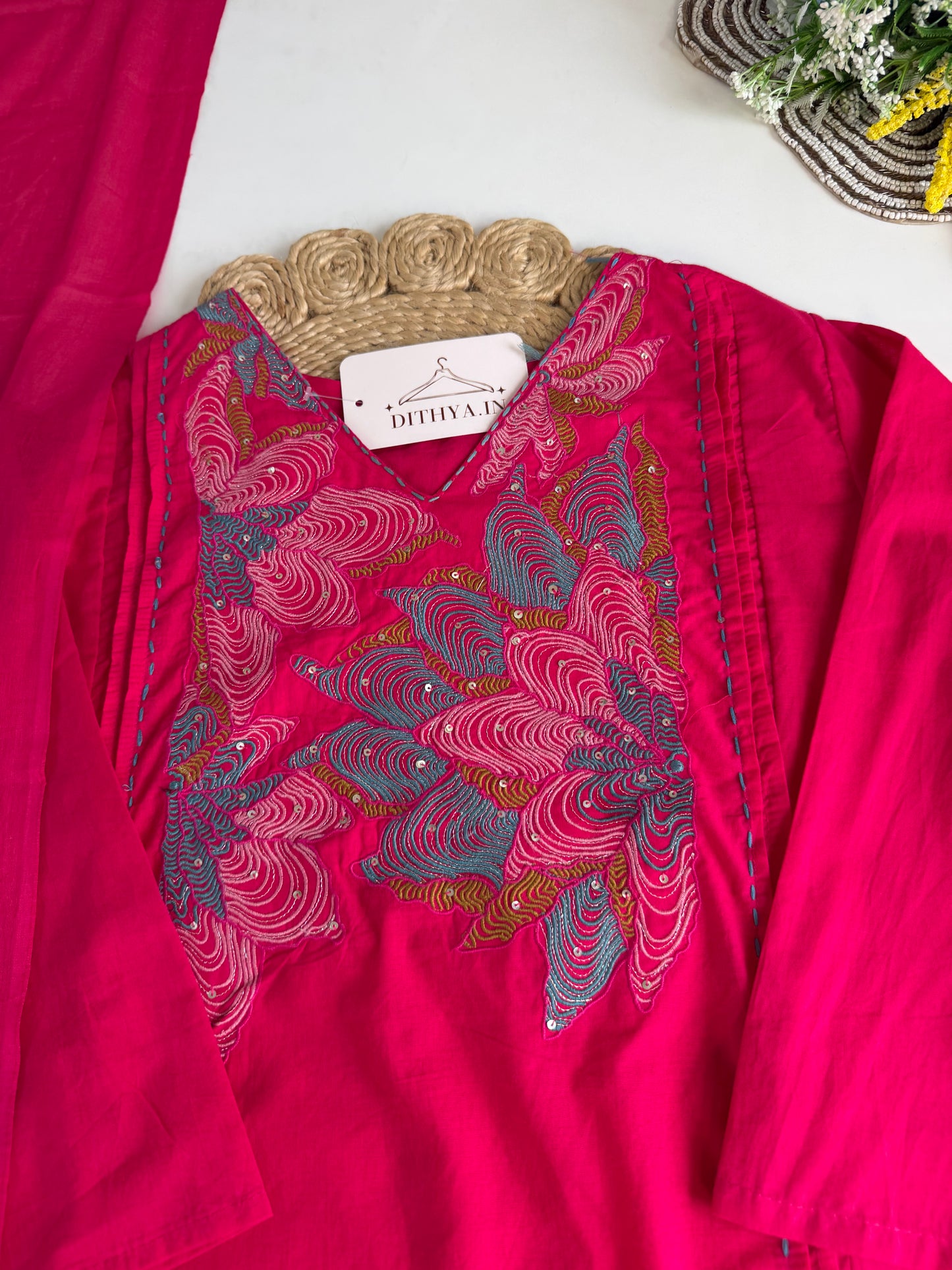 K644 - Mul cotton embroidered straight Kurti with pants and dupatta