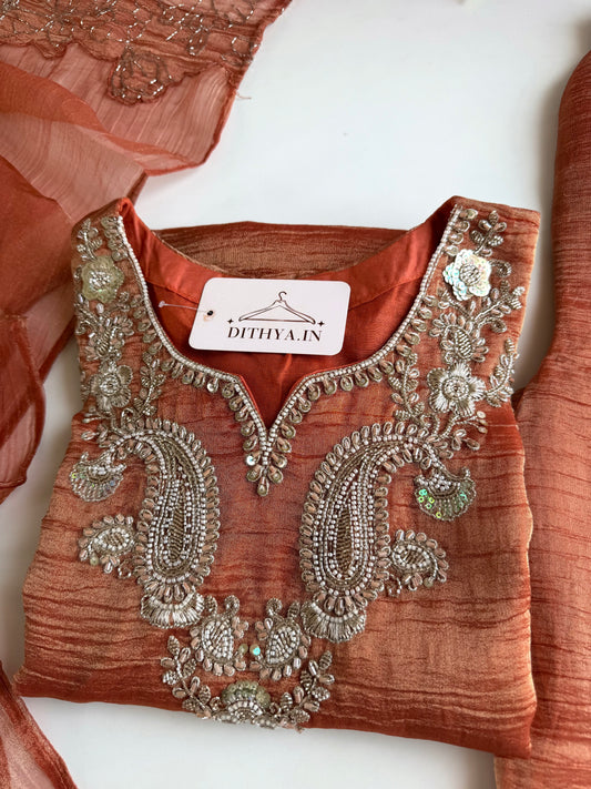 K047 - Crushed tissue handwork short Kurti with divider pants and dupatta