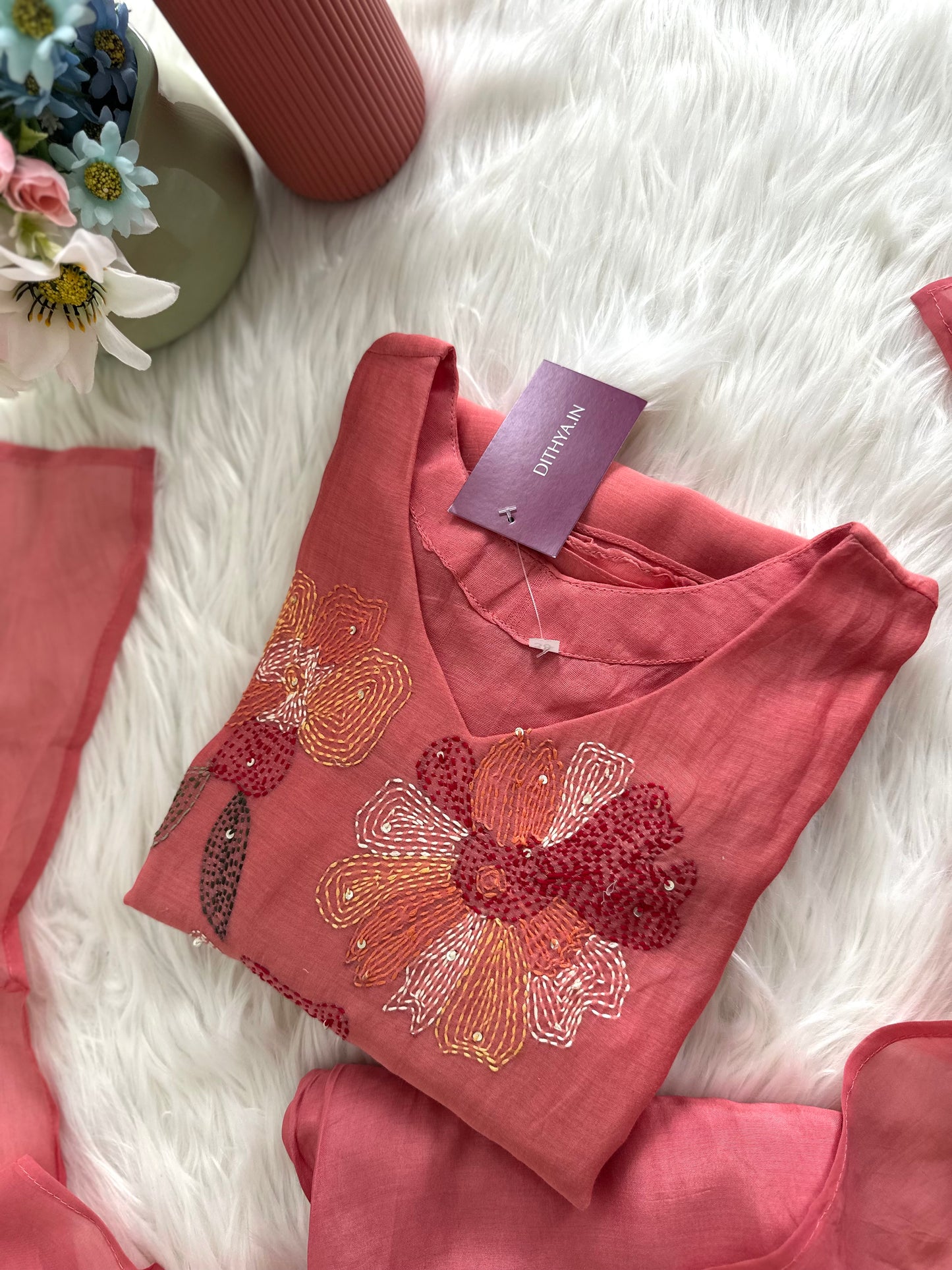 K261 - Mul Chanderi Embroidered Aline Kurti with pants and dupatta