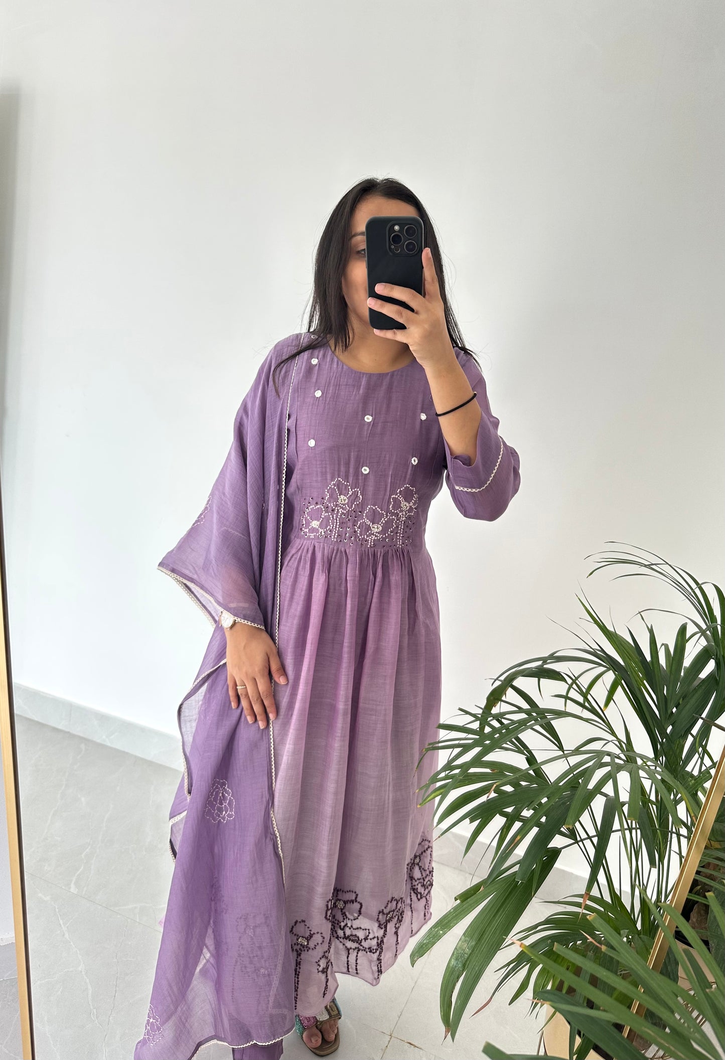 K226 - Mul Chanderi embroidered Aline Kurti with pants and dupatta