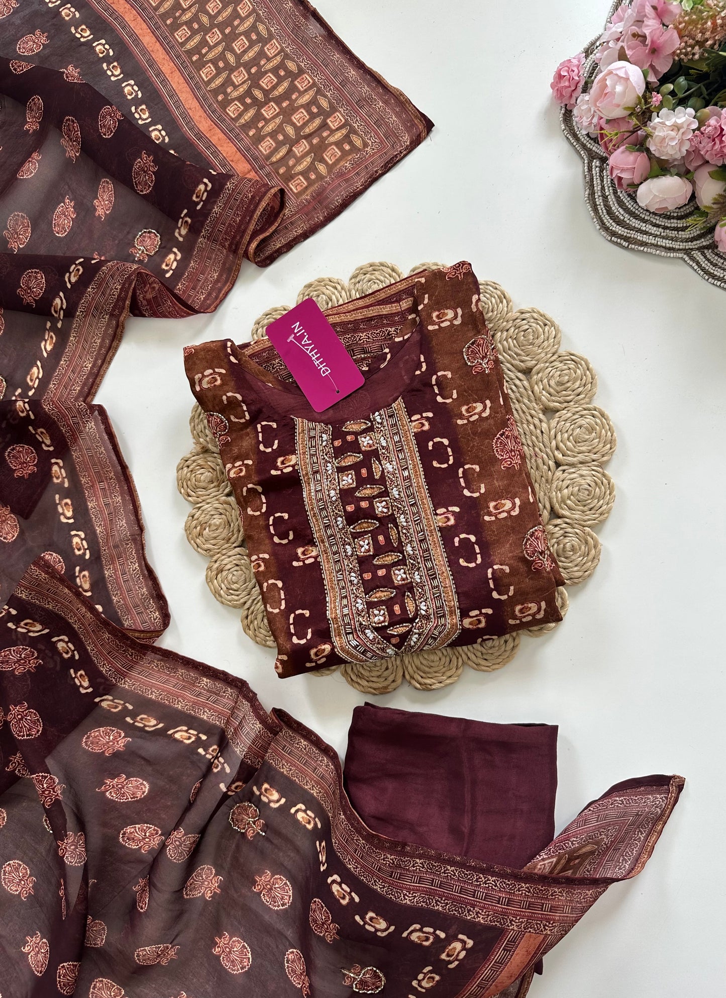 K026 - Viscose organza handwork straight Kurti with pants and dupatta