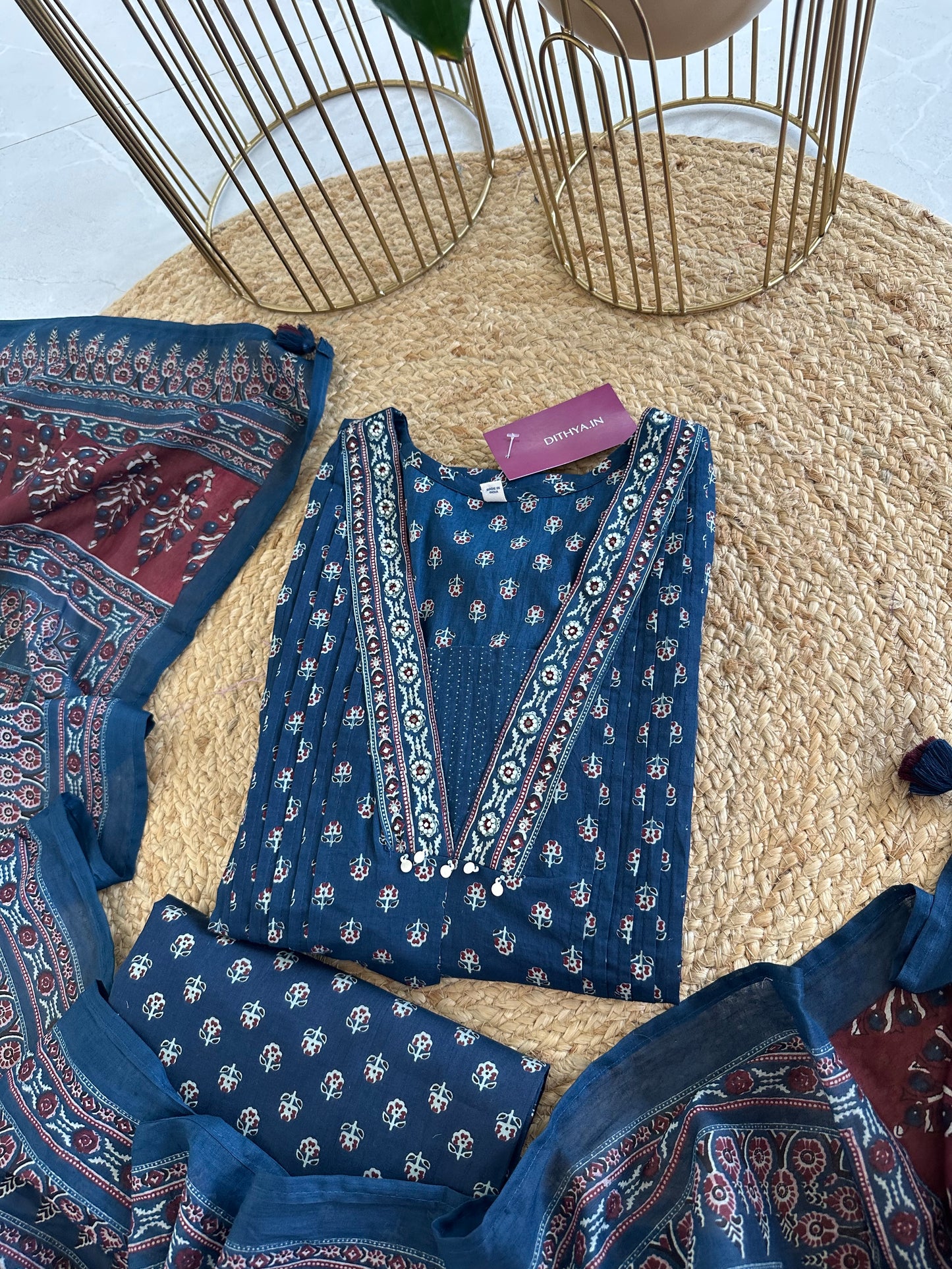 K082 - Cotton Aline Kurti Indigo print with palazzo and dupatta.