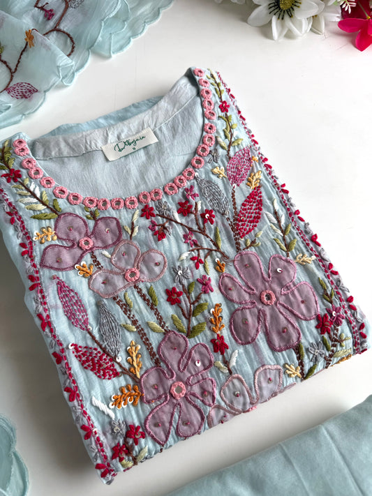 K464 - Mul chanderi embroidered straight Kurti with pants and dupatta