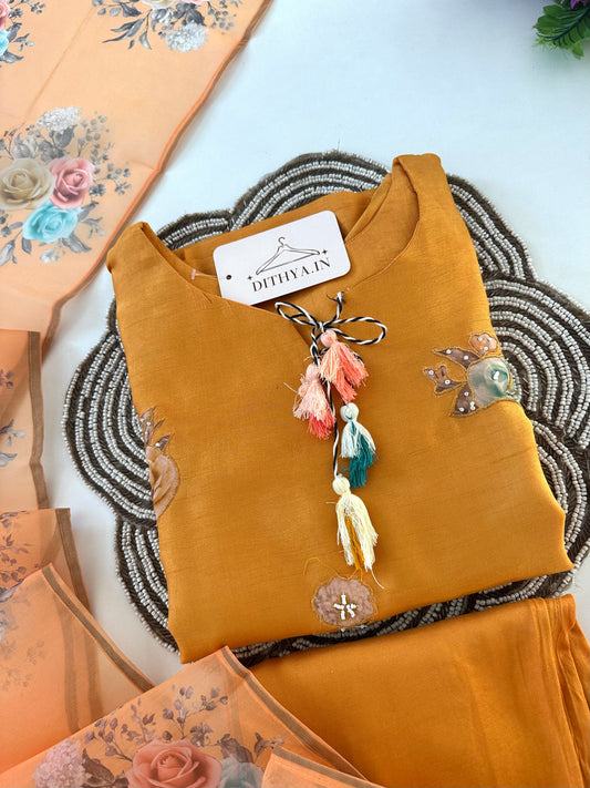 K127 - Dola silk appliqué work straight Kurti with pants and dupatta