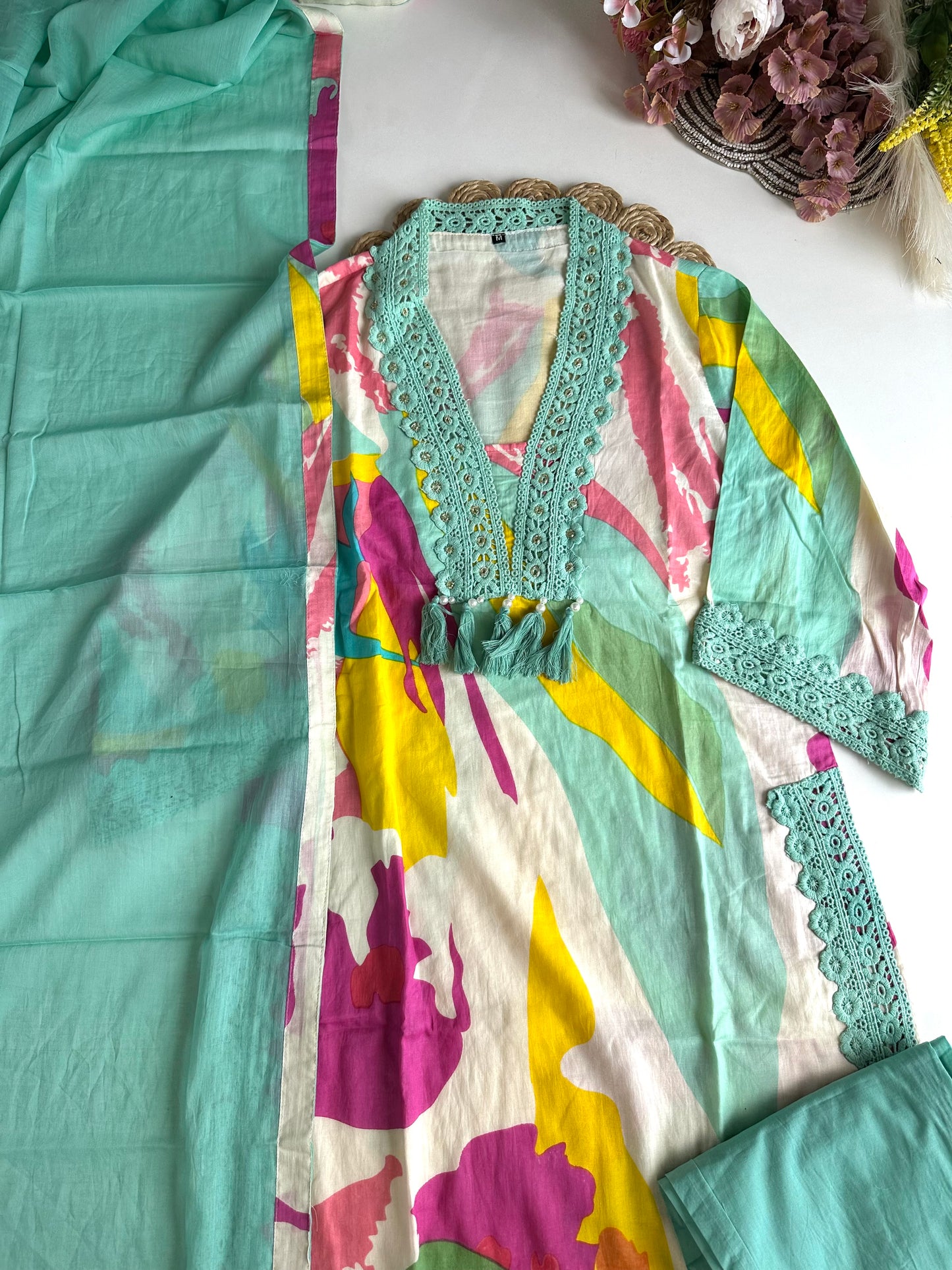 K448 - Mul Cotton embroidered straight Kurti with pants and dupatta