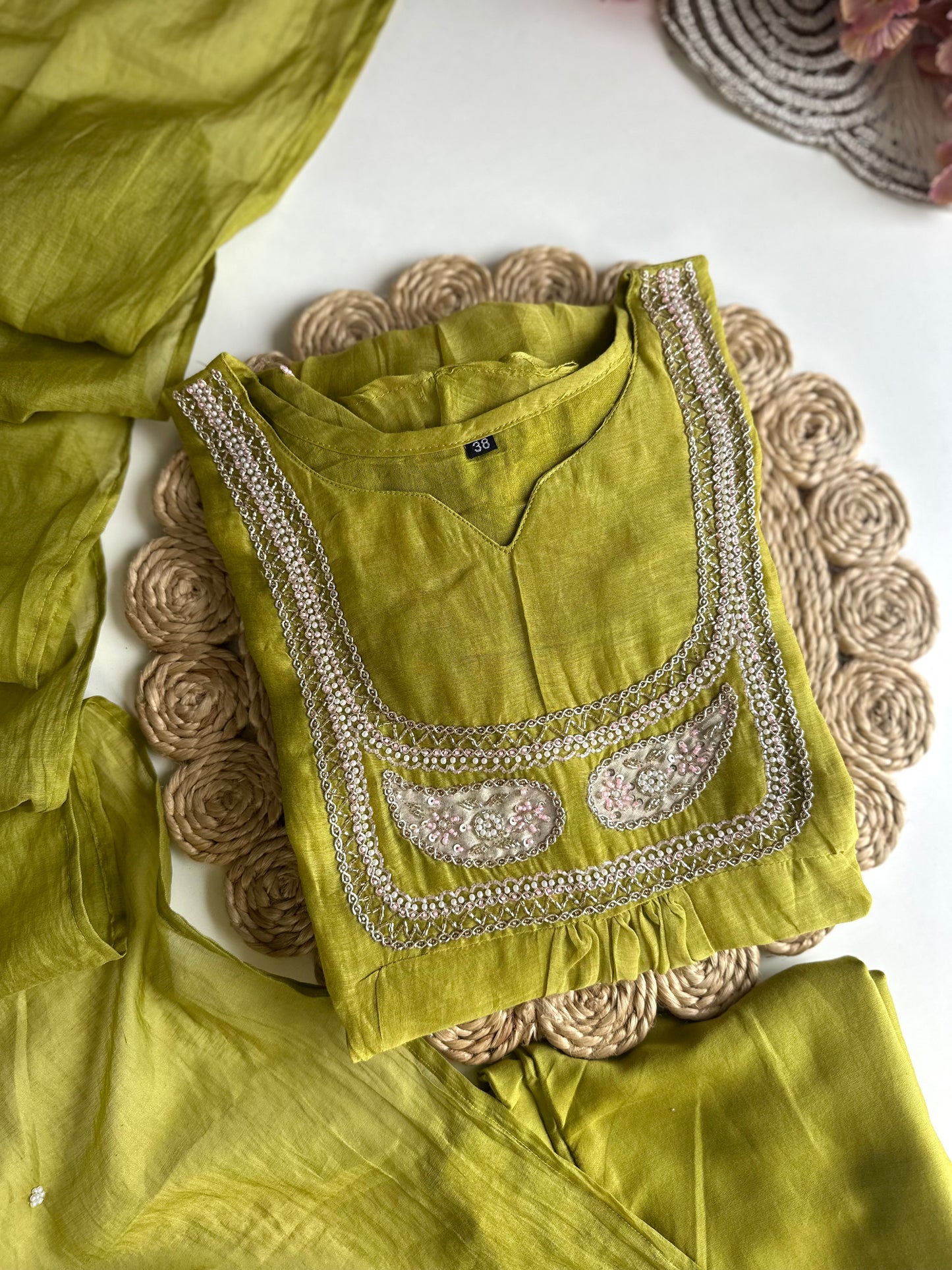 K450 - Mul Chanderi handwork Anarkali with pants and dupatta
