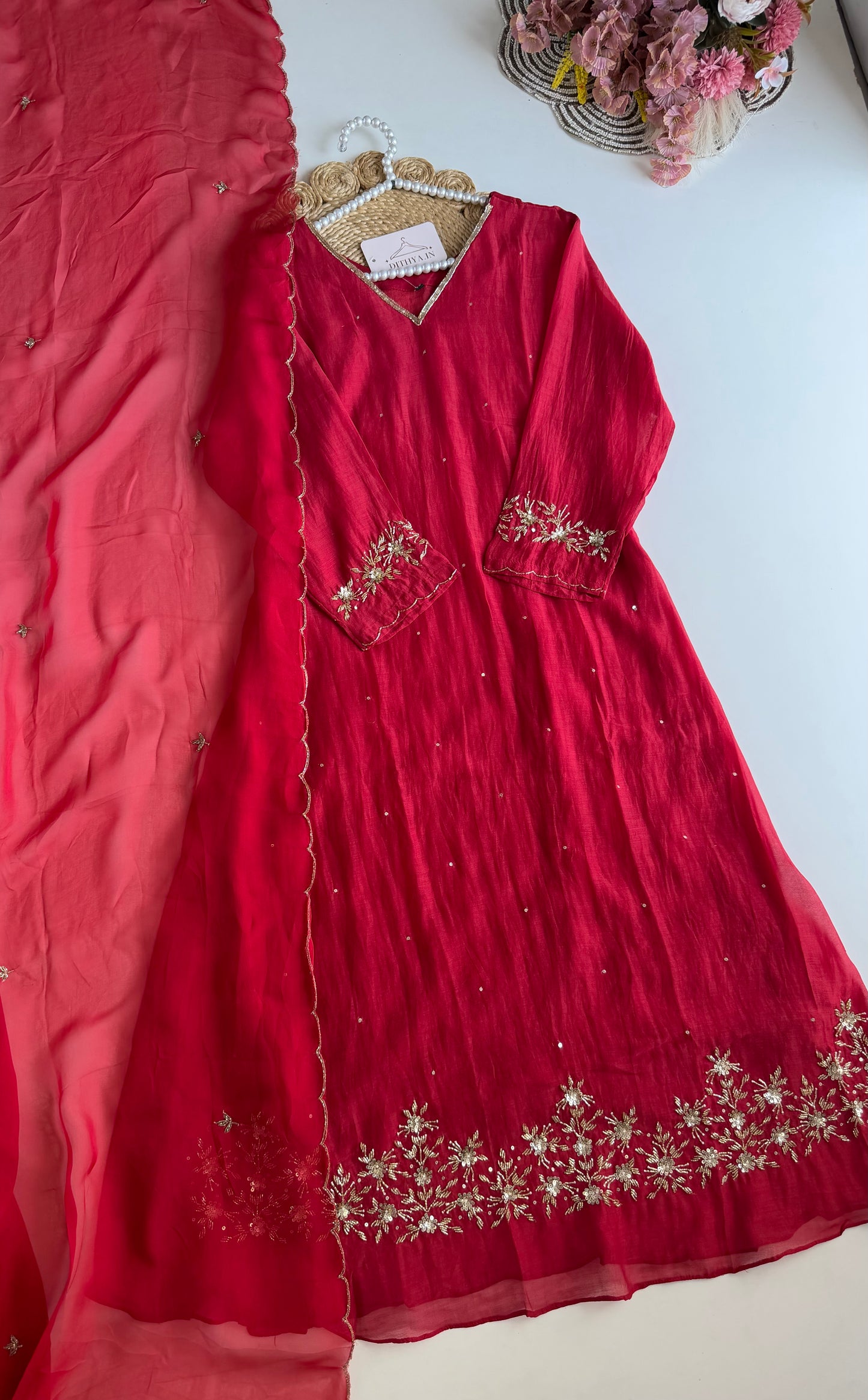 K529 - Mul chanderi handwork Aline Kurti with pants and dupatta in 2 colours