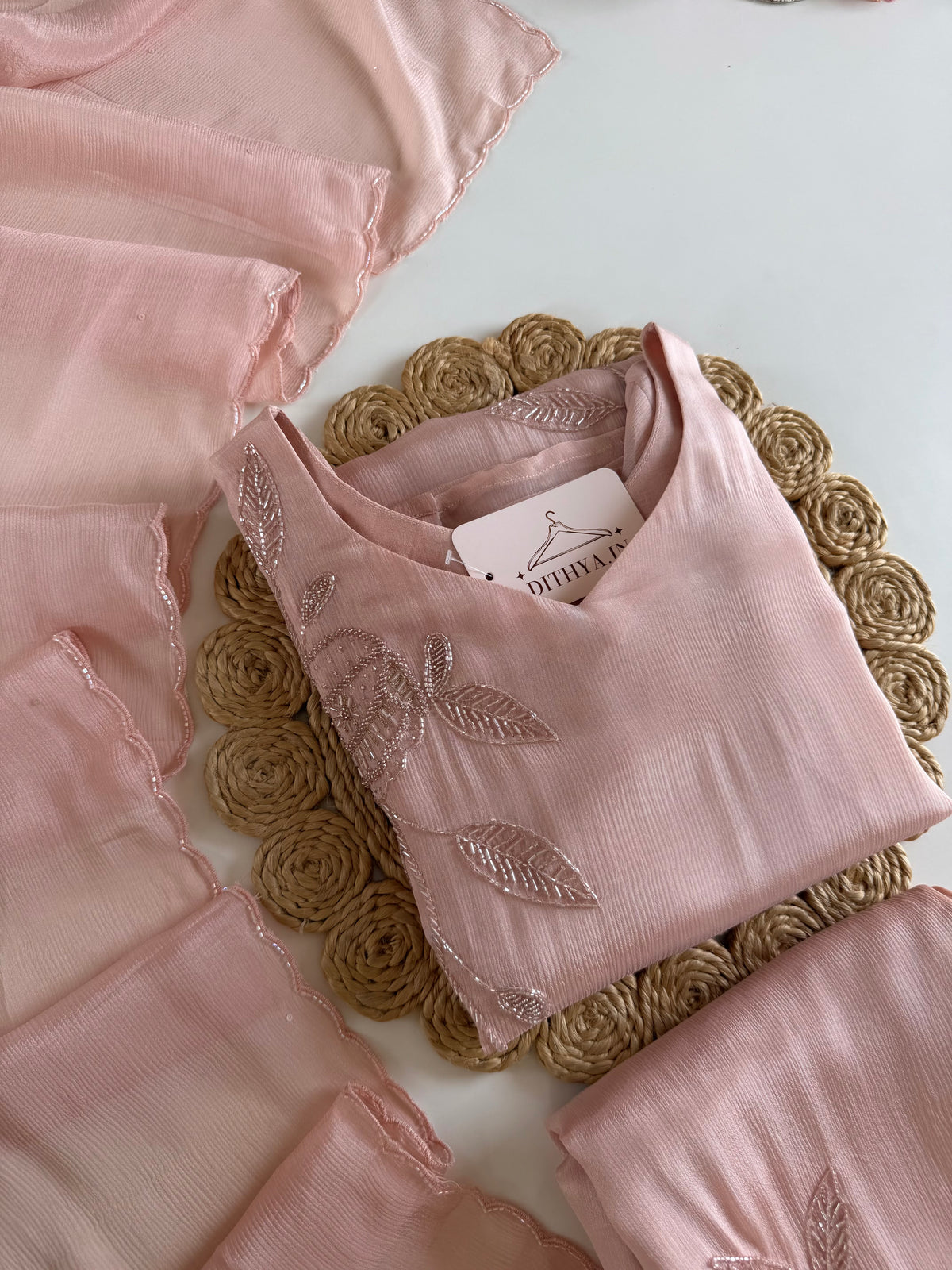 K476 - Pure Chinnon handwork aline Kurti with pants and dupatta