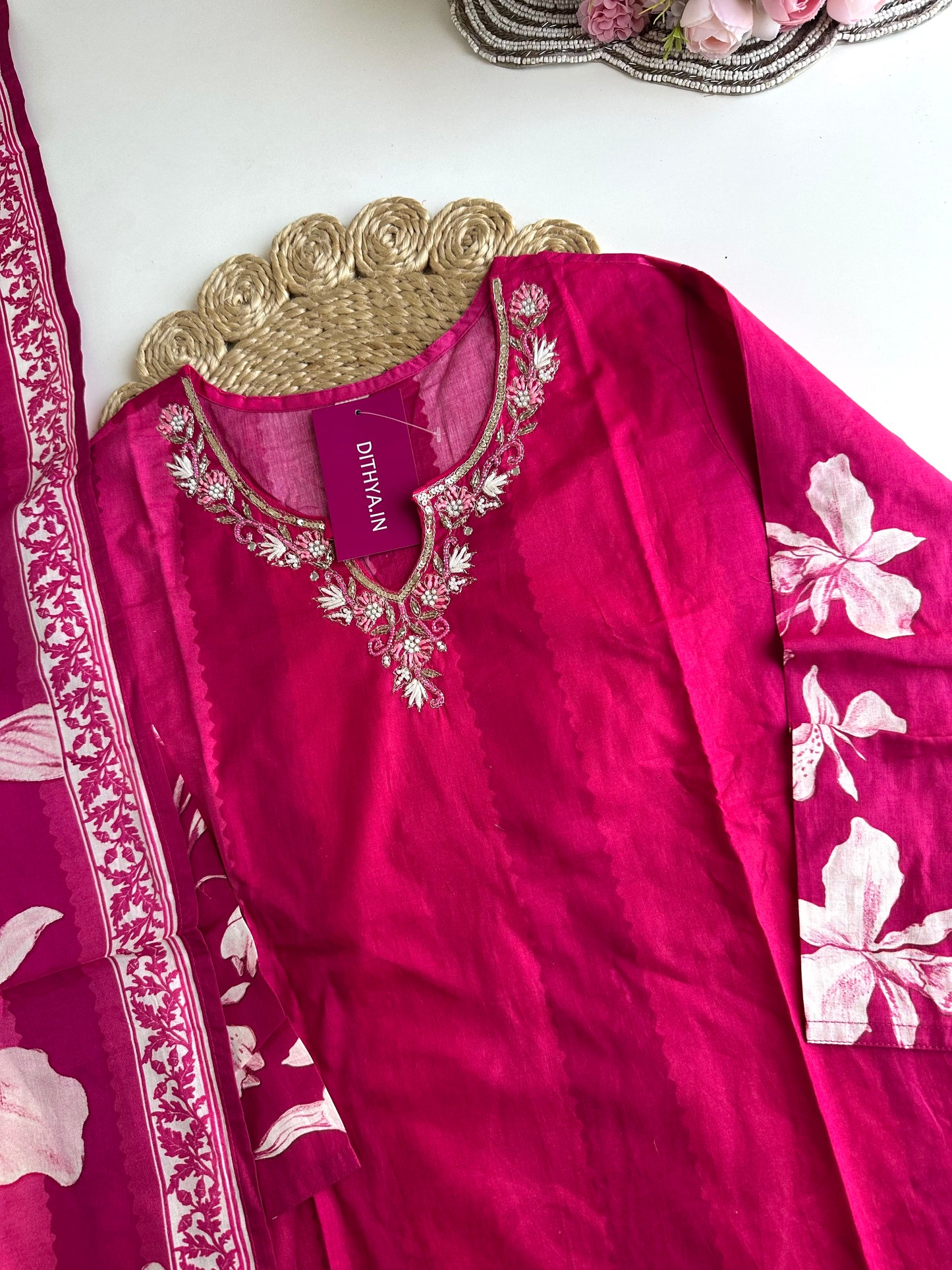 K177 - Cotton floral straight Kurti with pants and dupatta