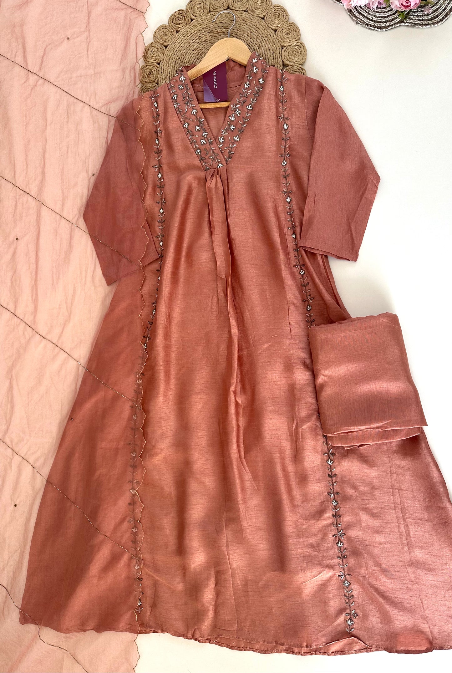 K200 - Russian silk handwork Anarkali with pants and dupatta .