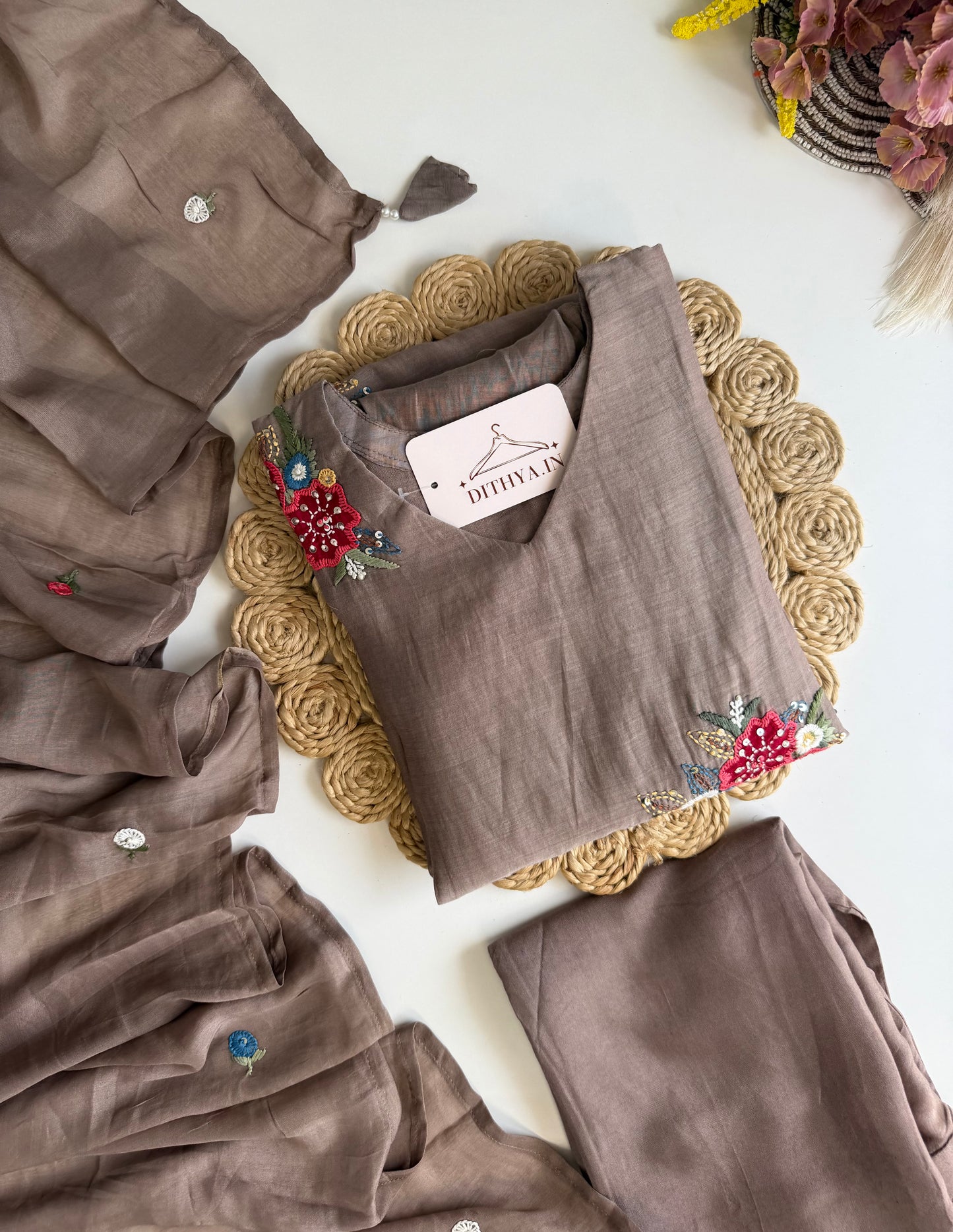 K509 - Mul chanderi embroidered aline Kurti with pants and dupatta
