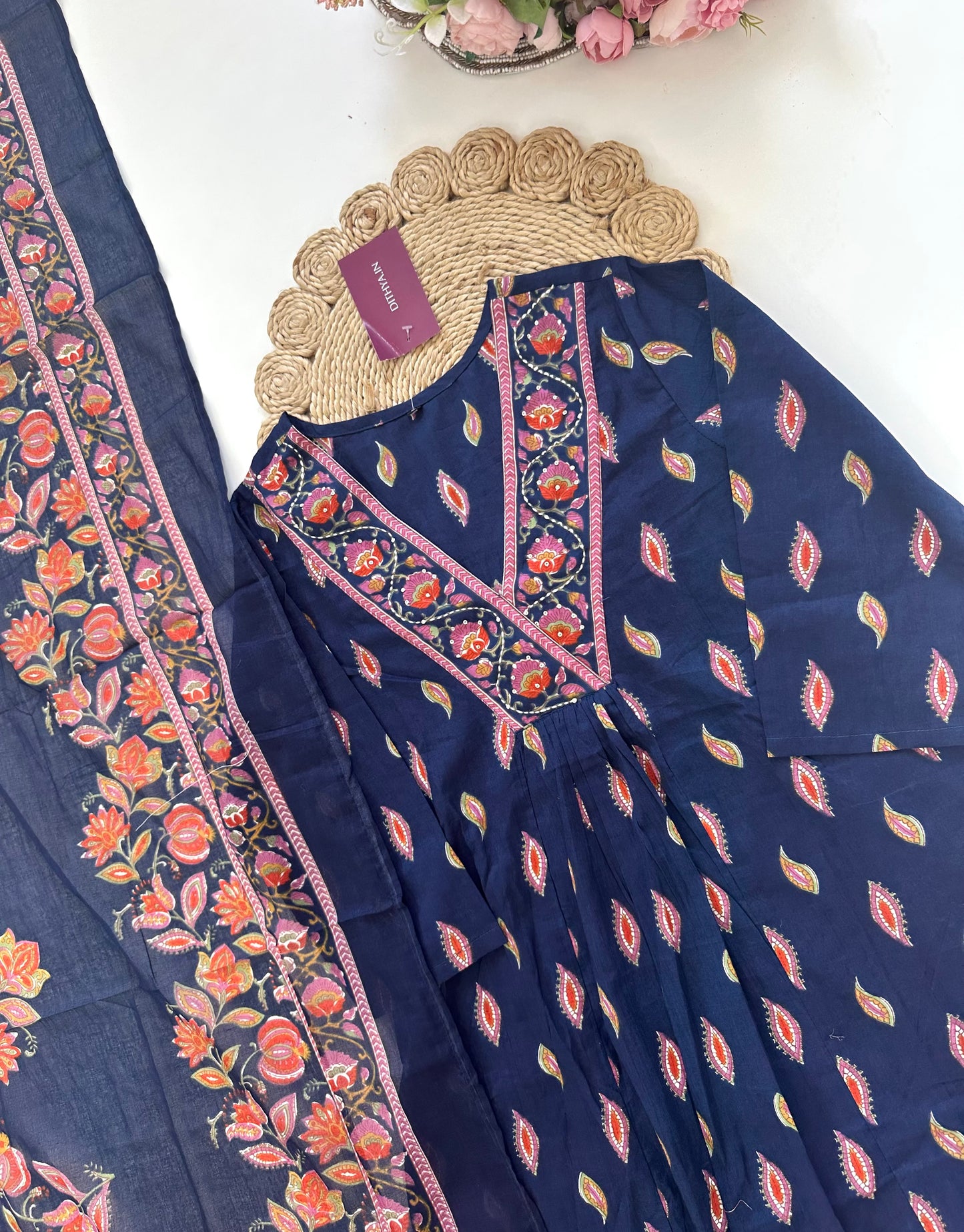 K046 - Cotton floral Aline Kurti with pants and dupatta.