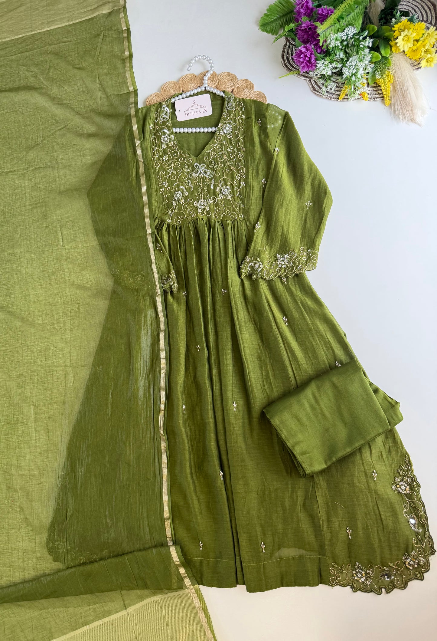 K392 - Mul Chanderi handwork Anarkali with pants and dupatta