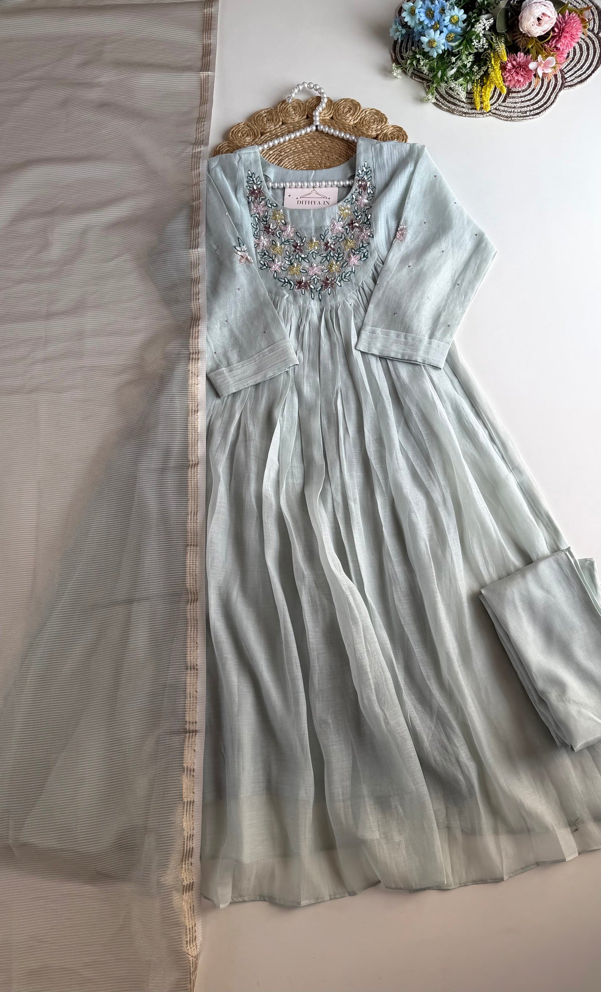 K485 - Mul chanderi handwork Anarkali with pants and dupatta