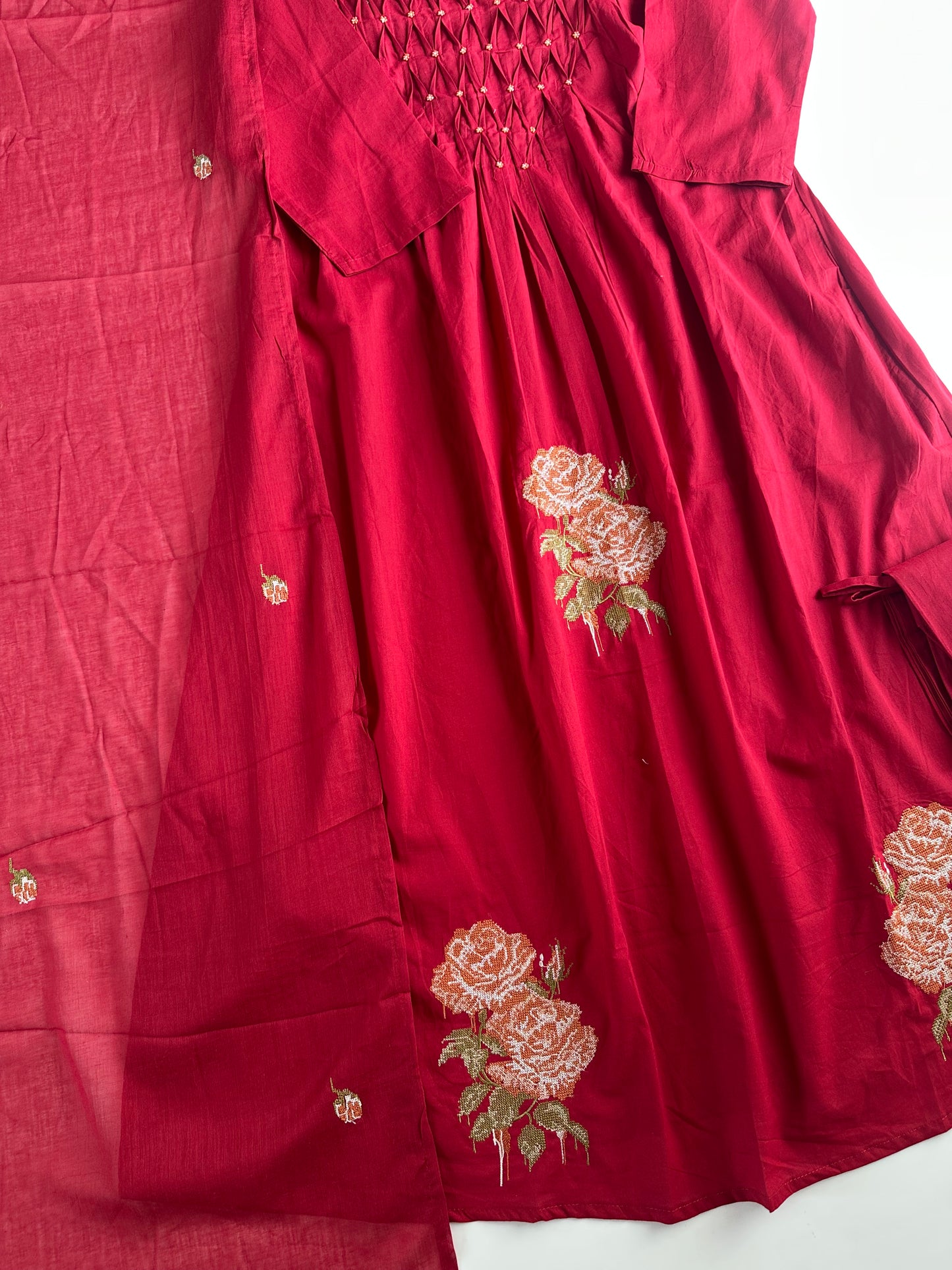 K733 - Mul cotton embroidered Anarkali with pants and dupatta