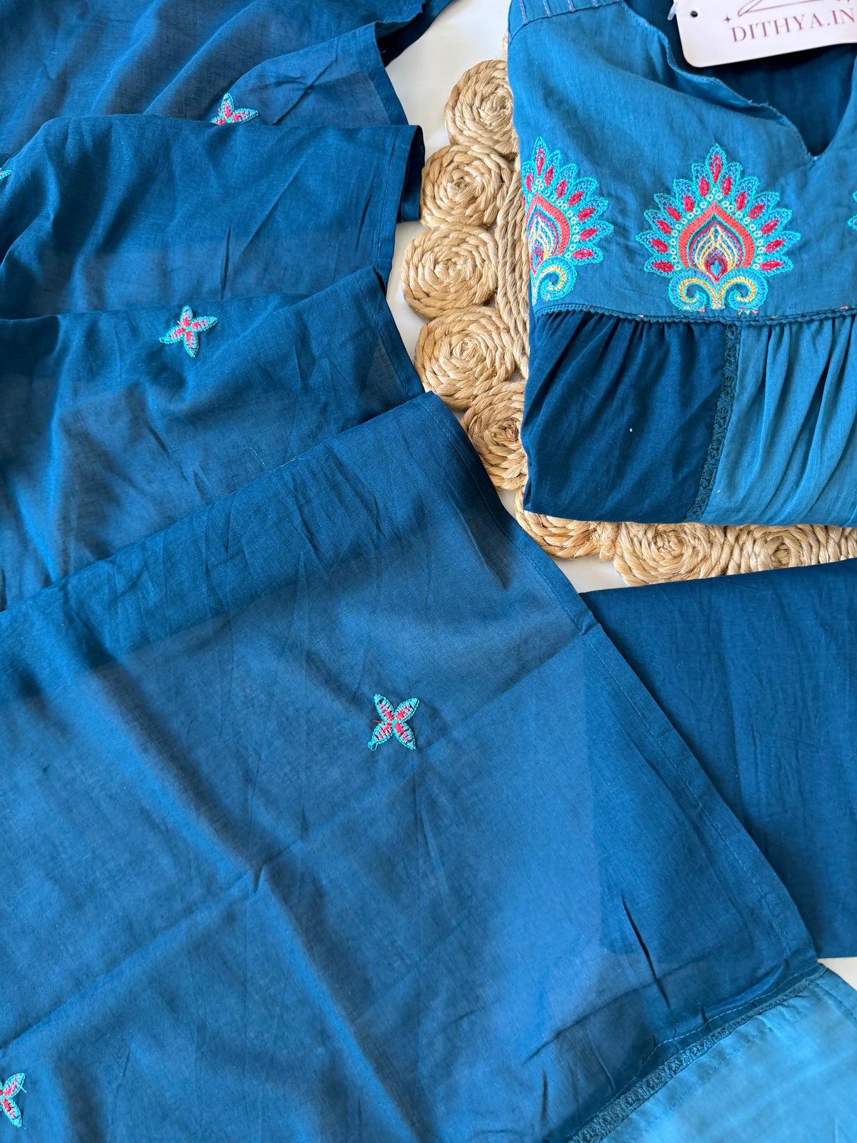 K633 - Mul cotton embroidered Anarkali with pants and dupatta