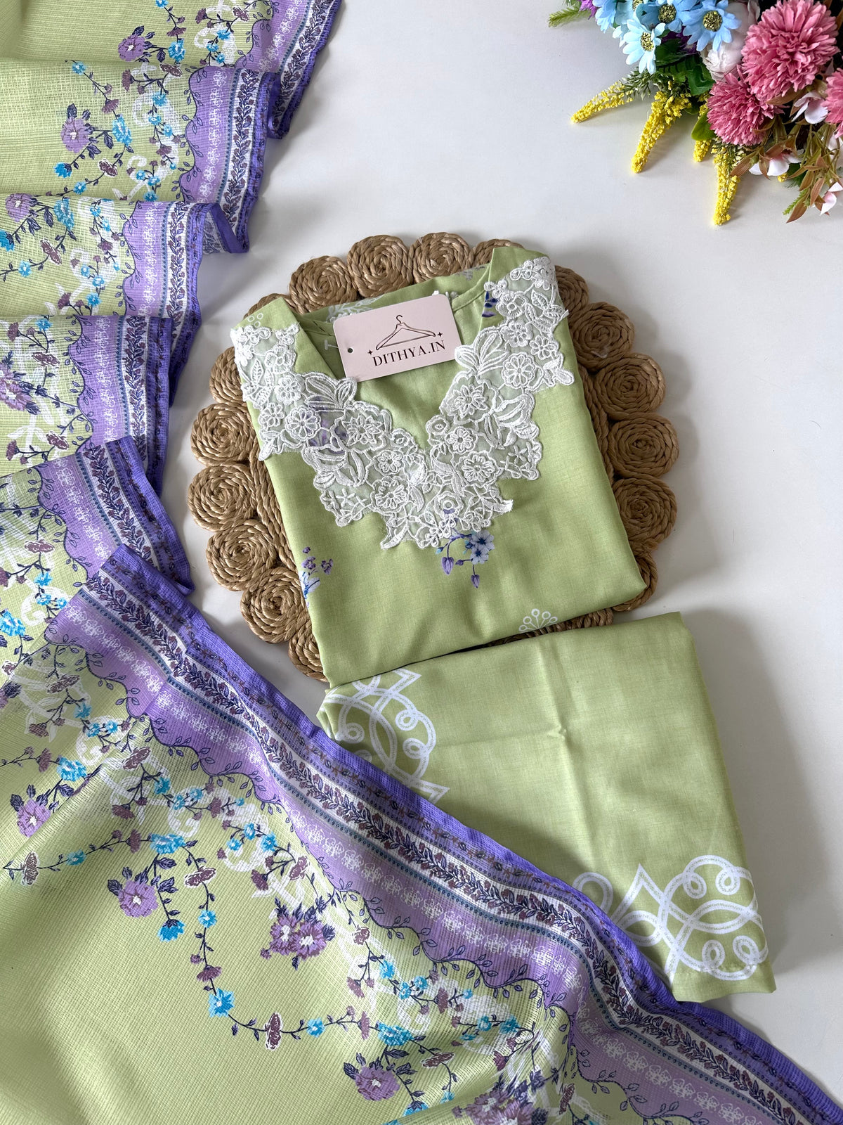 K023 - Mul cotton embroidered straight kurti with pants and dupatta