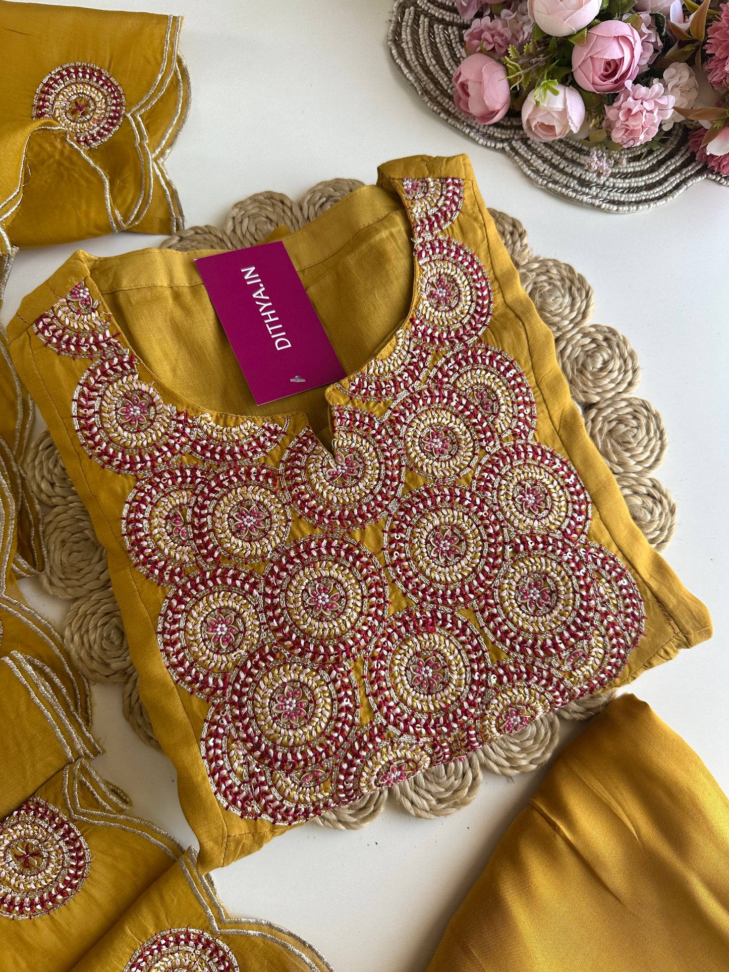K169 - Mul Chanderi handwork Aline Kurti with pants and dupatta