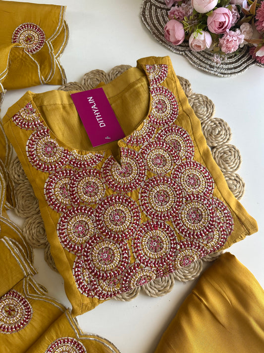 K169 - Mul Chanderi handwork Aline Kurti with pants and dupatta