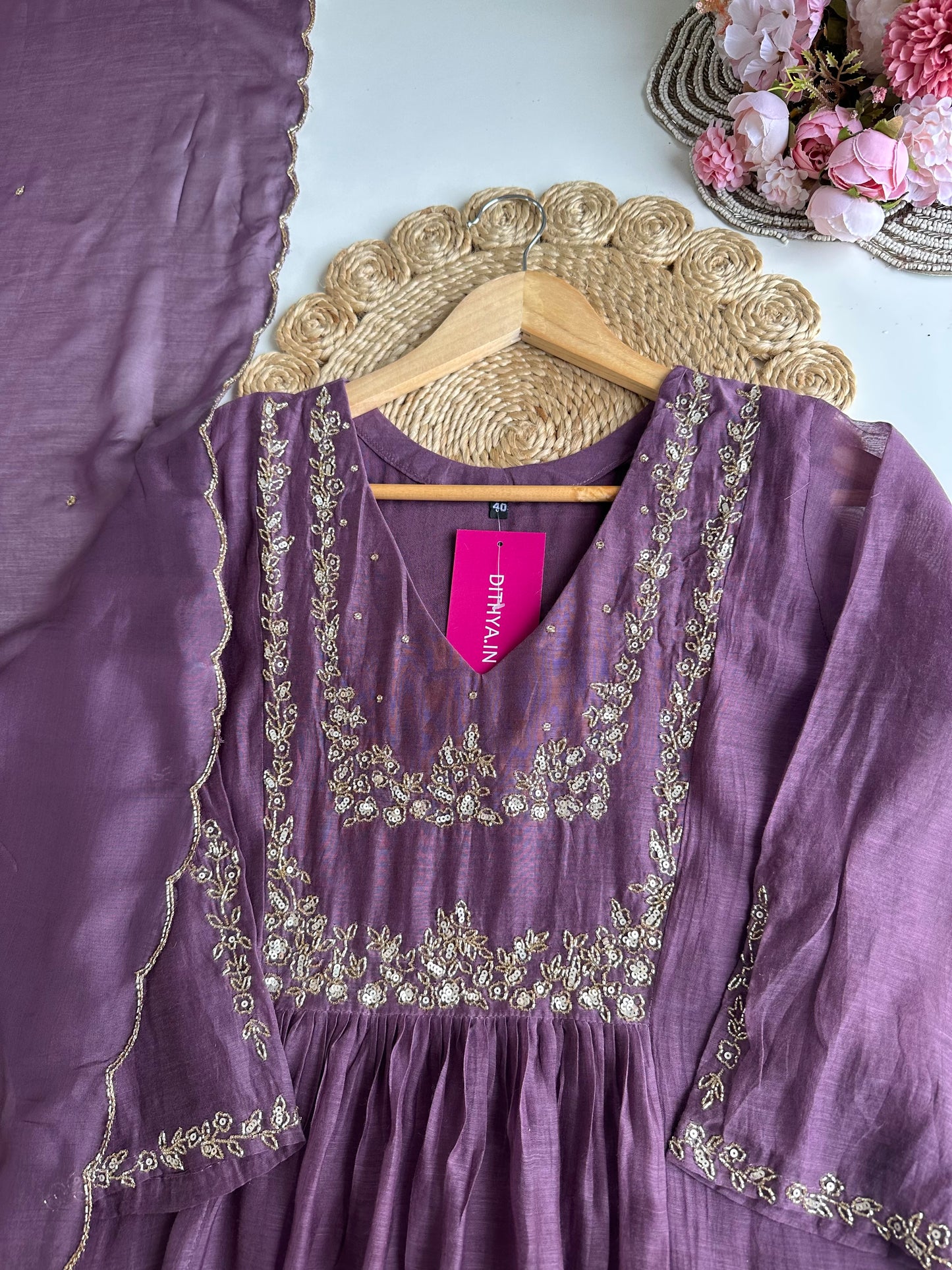 K076 - Mul Chanderi handwork Aline Kurti with pants and dupatta