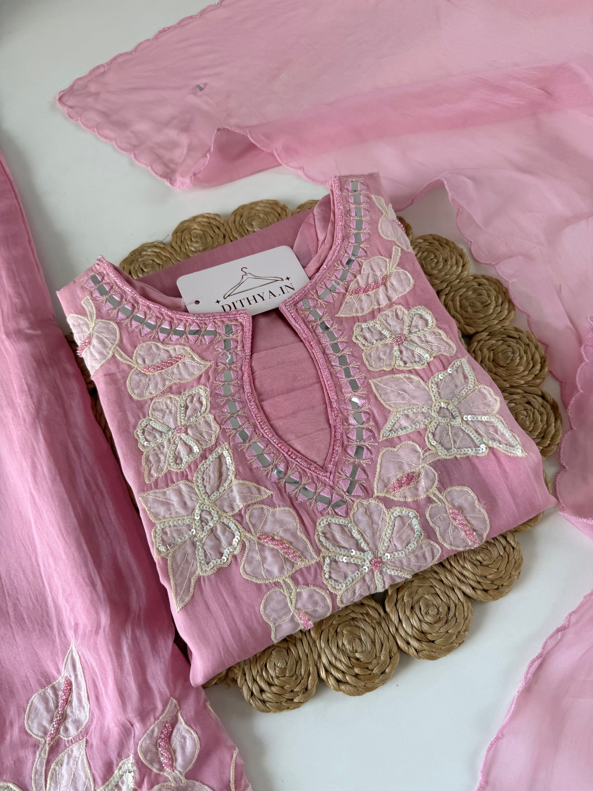 K046 - Viscose organza appliqué handwork short Kurti with divider pants and dupatta