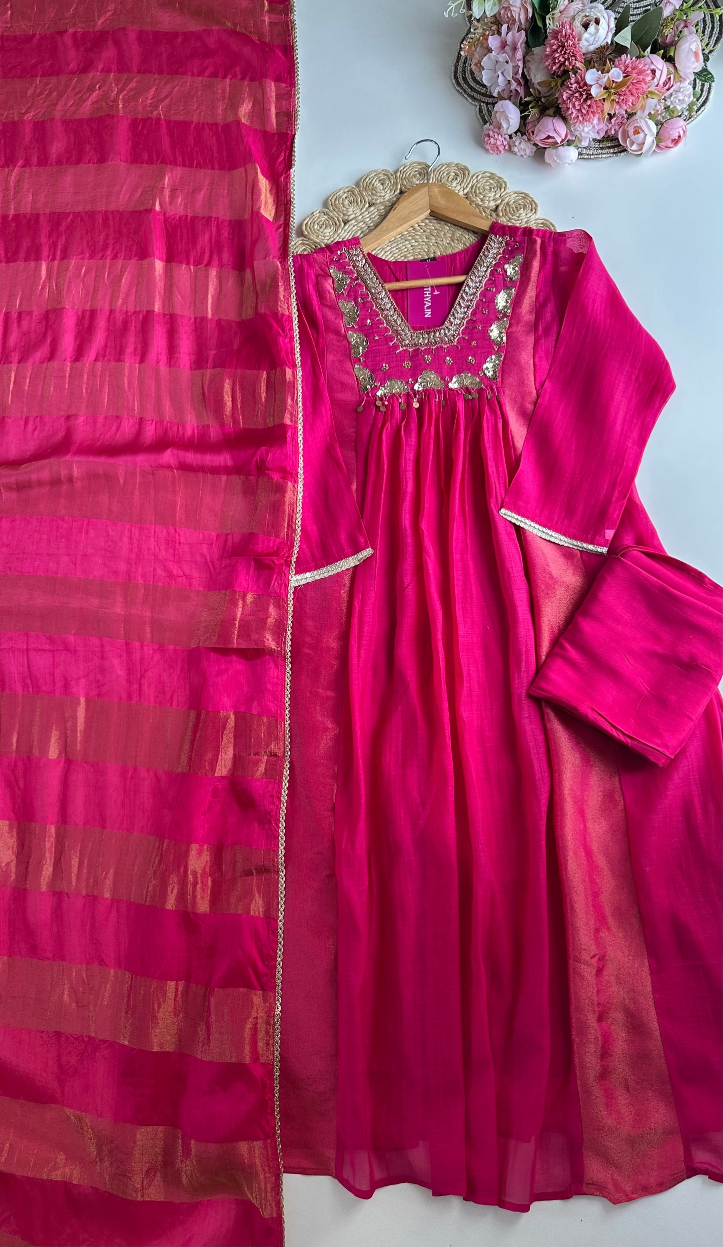 K405 - Mul Chanderi handwork Aline Kurti with pants and dupatta in 2 colours