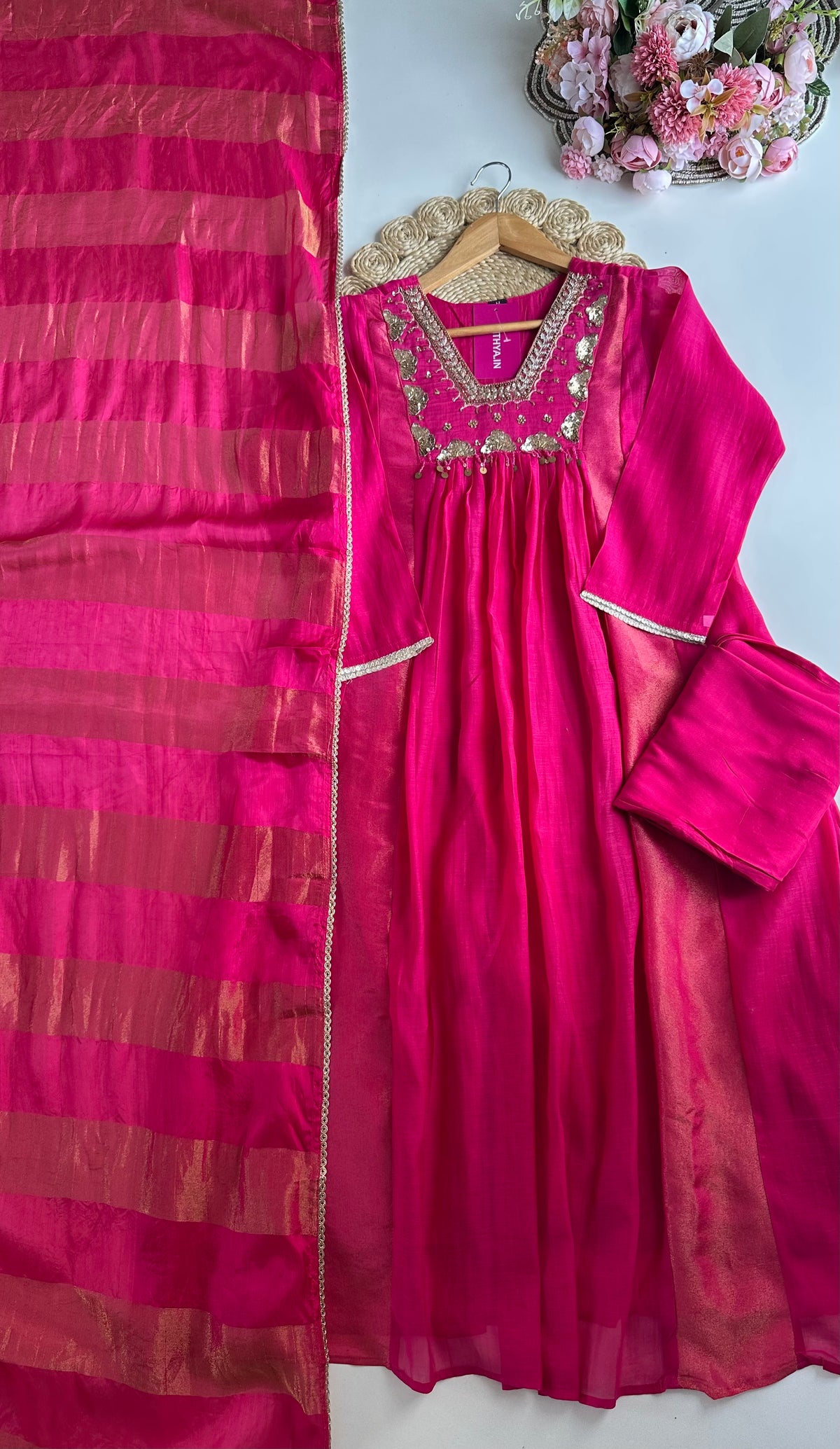 K405 - Mul Chanderi handwork Aline Kurti with pants and dupatta in 2 colours