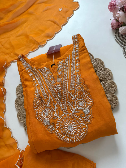 K097 - Russian silk handwork Anarkali with pants and dupatta