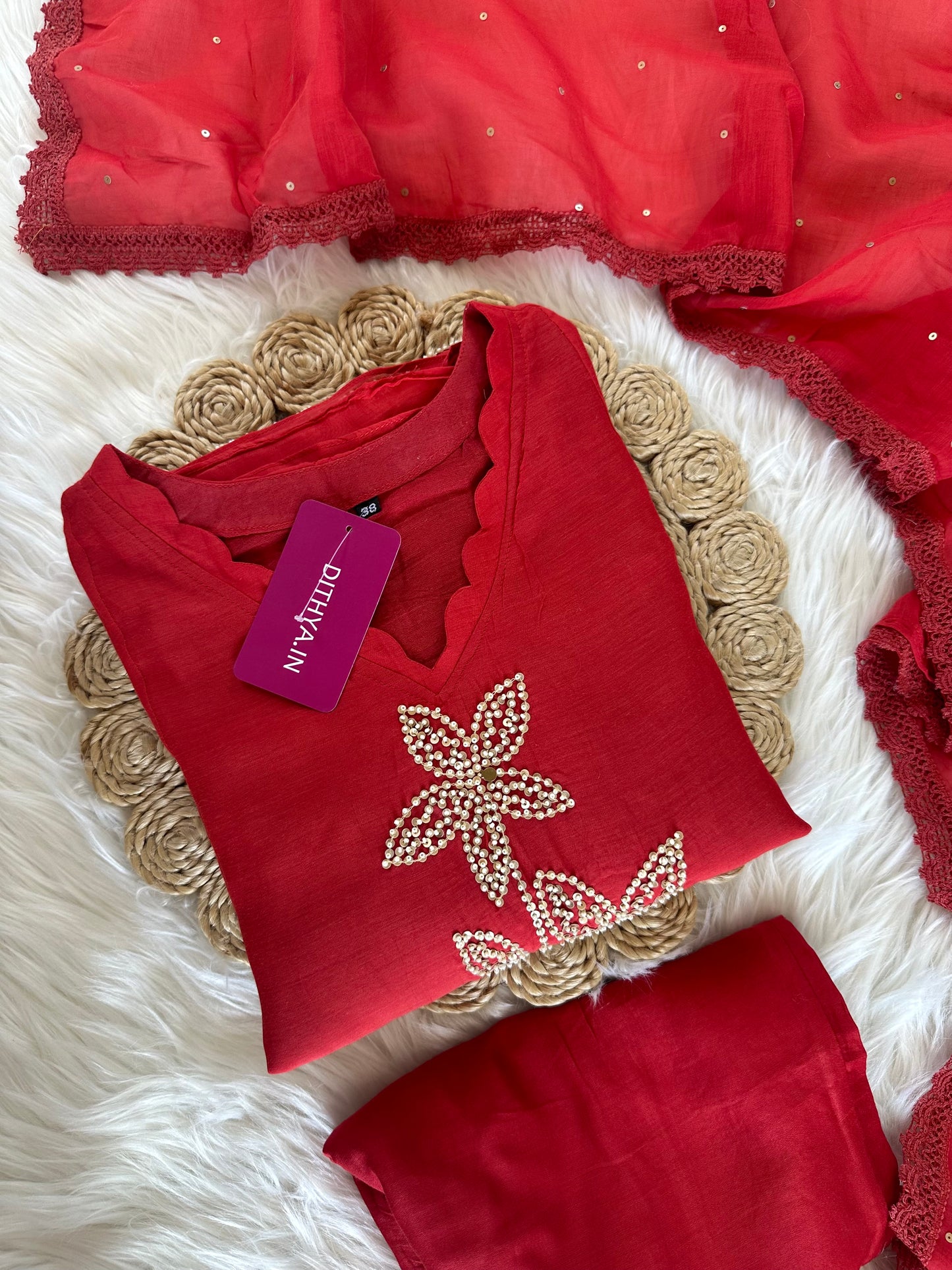 K382 - Mul Chanderi handwork Aline Kurti with pants and dupatta