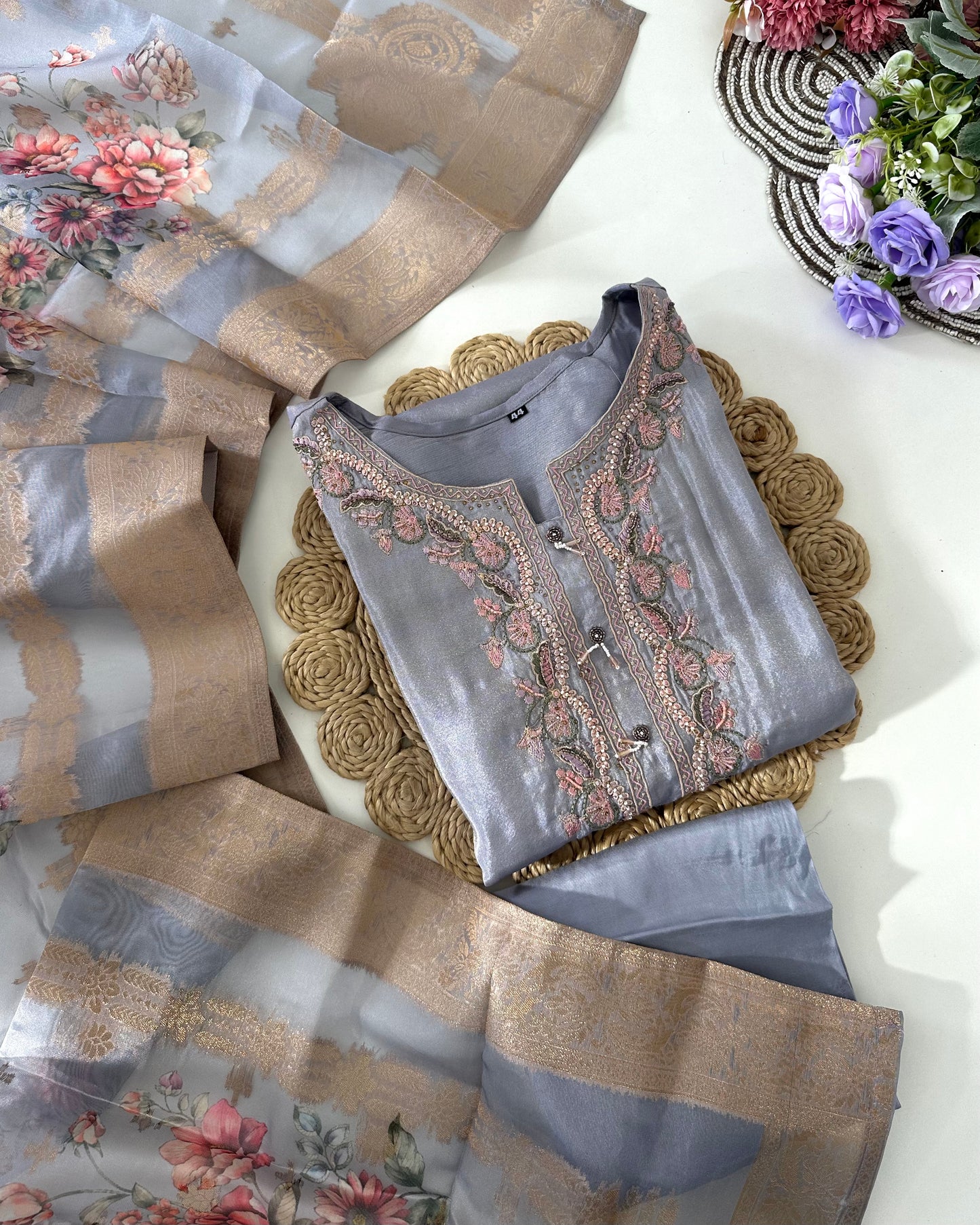 D040 -Tissue straight kurti with pants and dupatta