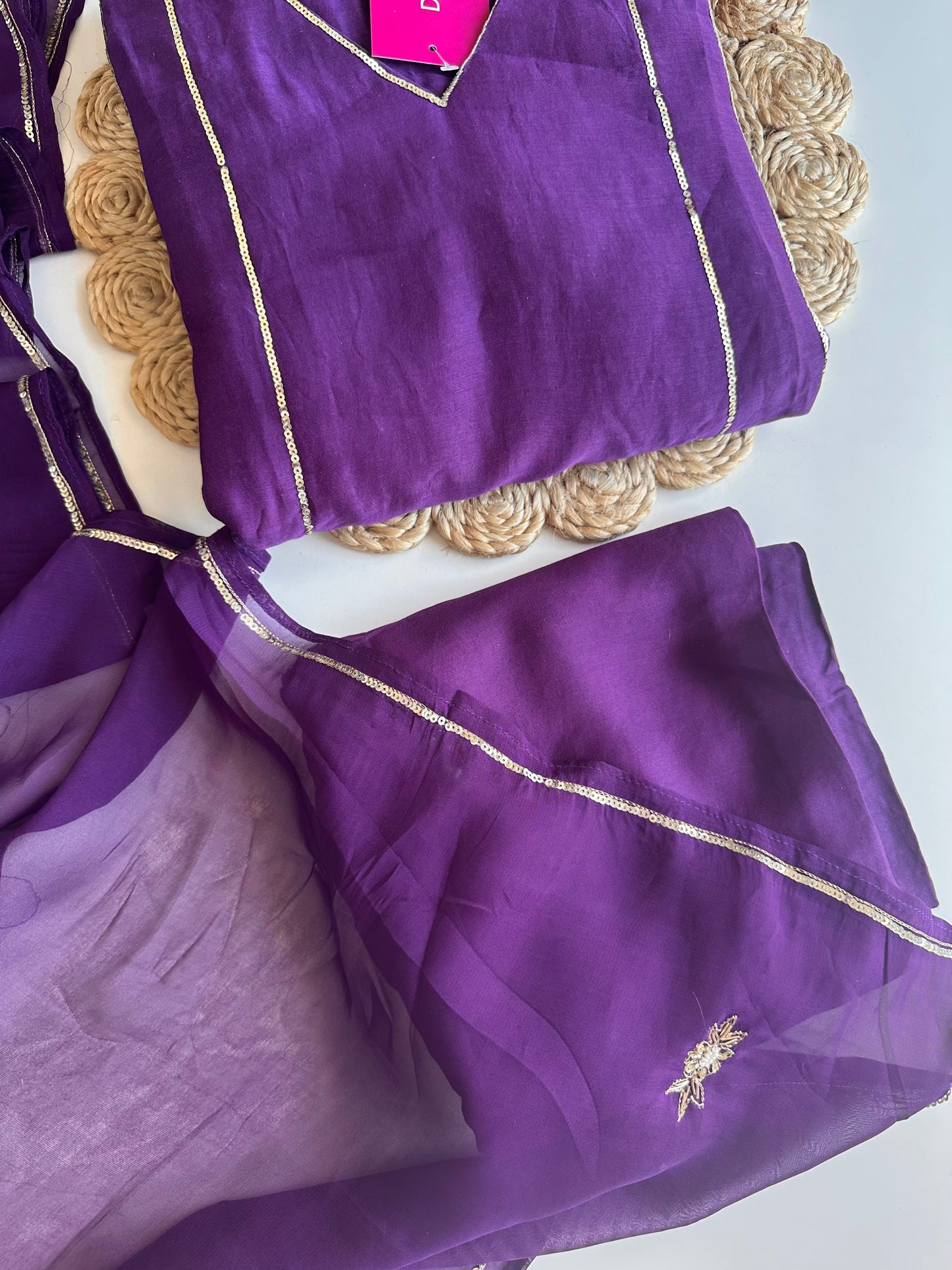 K070 - Mul Chanderi handwork Aline Kurti with pants and dupatta