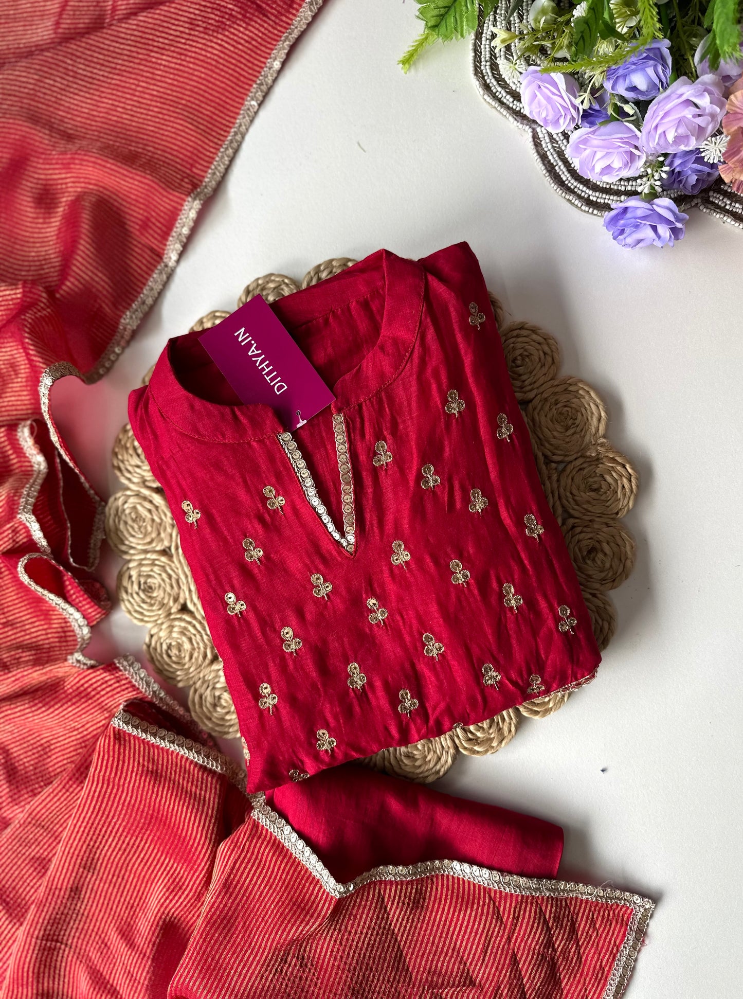 K013 - Mul Chanderi handwork Aline Kurti with pants and dupatta