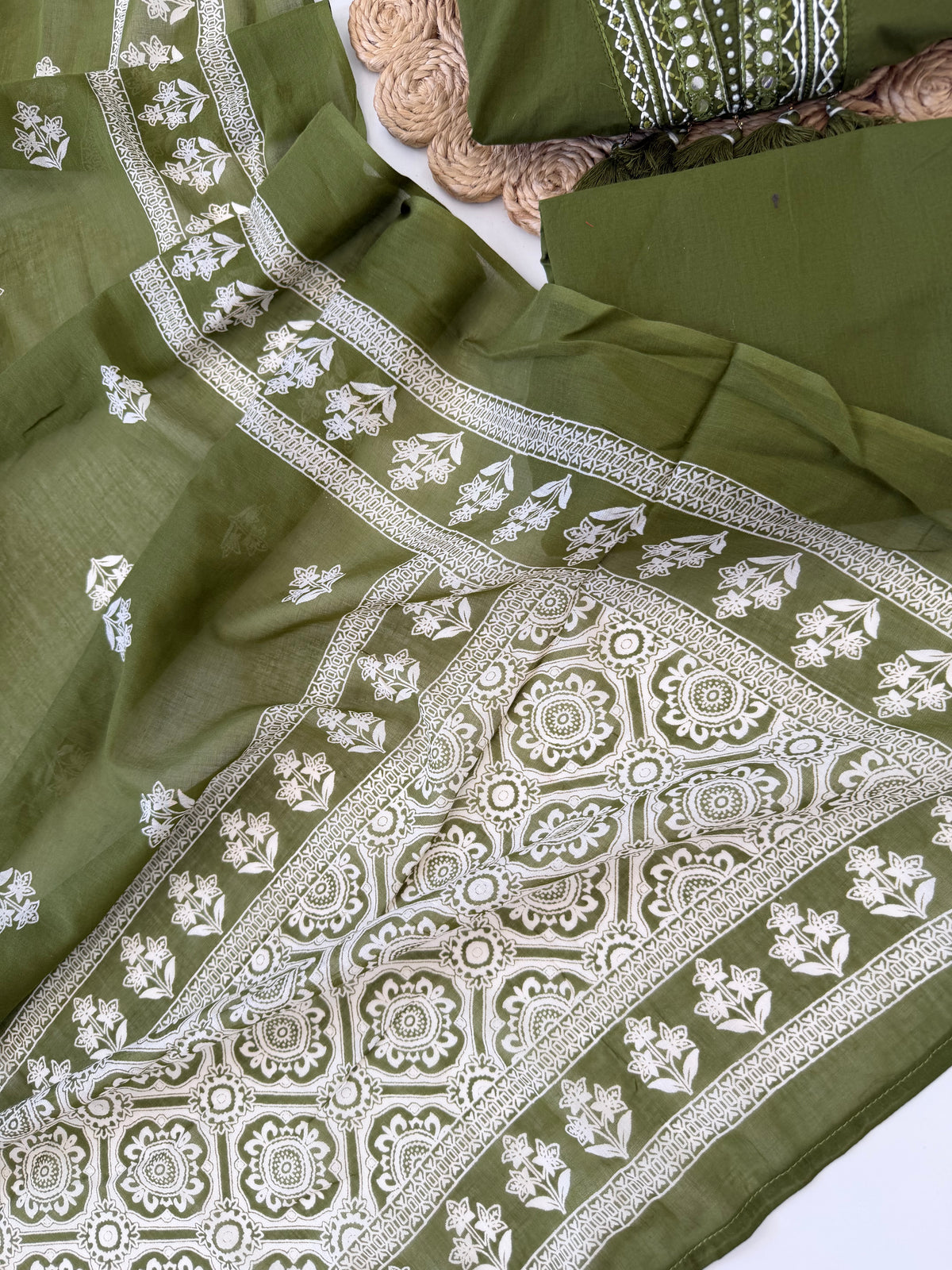K259 - Mul cotton embroidered Aline Kurti with pants and dupatta