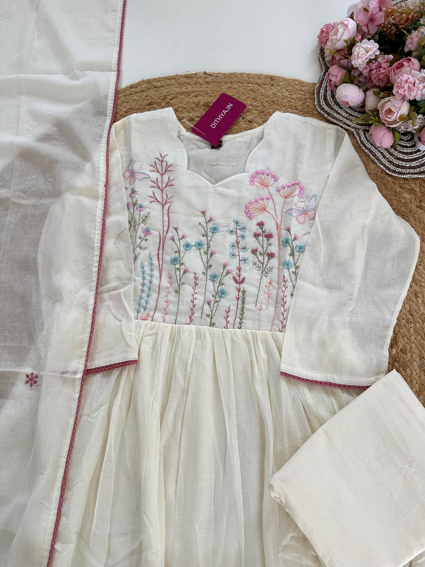 K144 - Mul cotton embroidered Anarkali with pants and dupatta