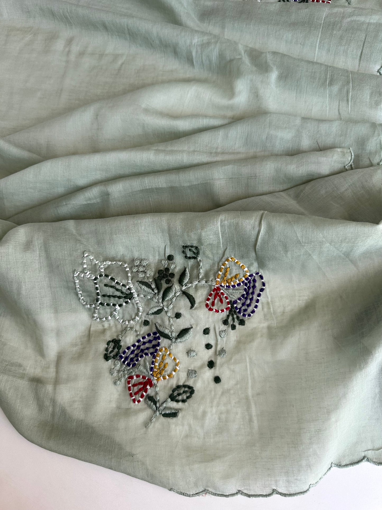 K050 - Mul Chanderi appliqué embroidered Aline Kurti with pants and dupatta in 2 colours