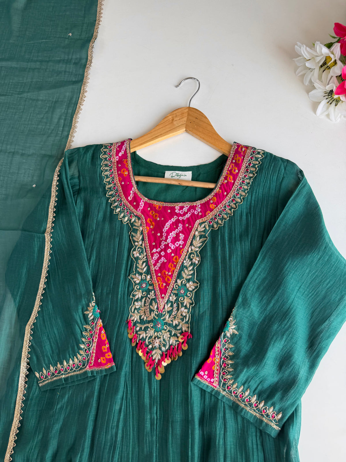 K646 - Mul chanderi bandhini handwork Anarkali with pants and dupatta