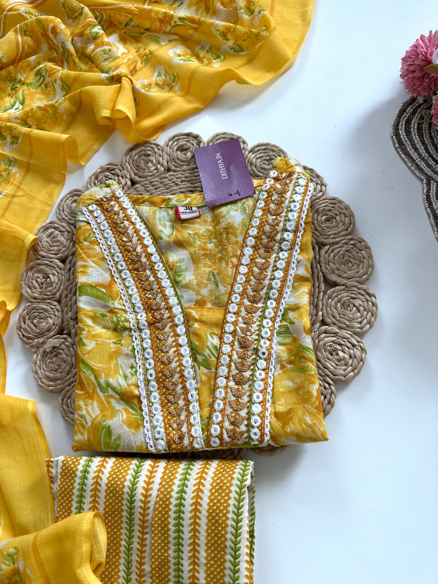 K387 - Cotton floral straight Kurti with pants and dupatta in 4 colours
