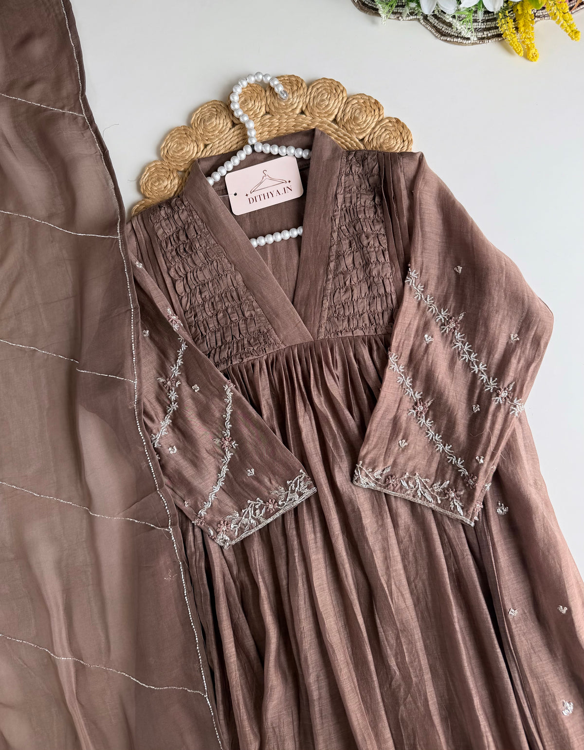 K497 - Mul chanderi handwork Anarkali with pants and dupatta