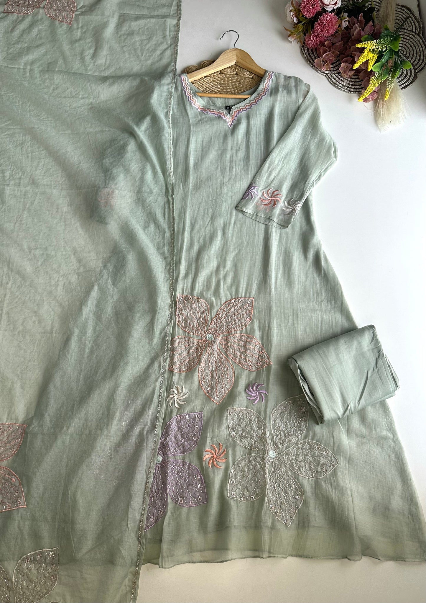 K454 - Mul Chanderi handwork Aline Kurti with pants and dupatta