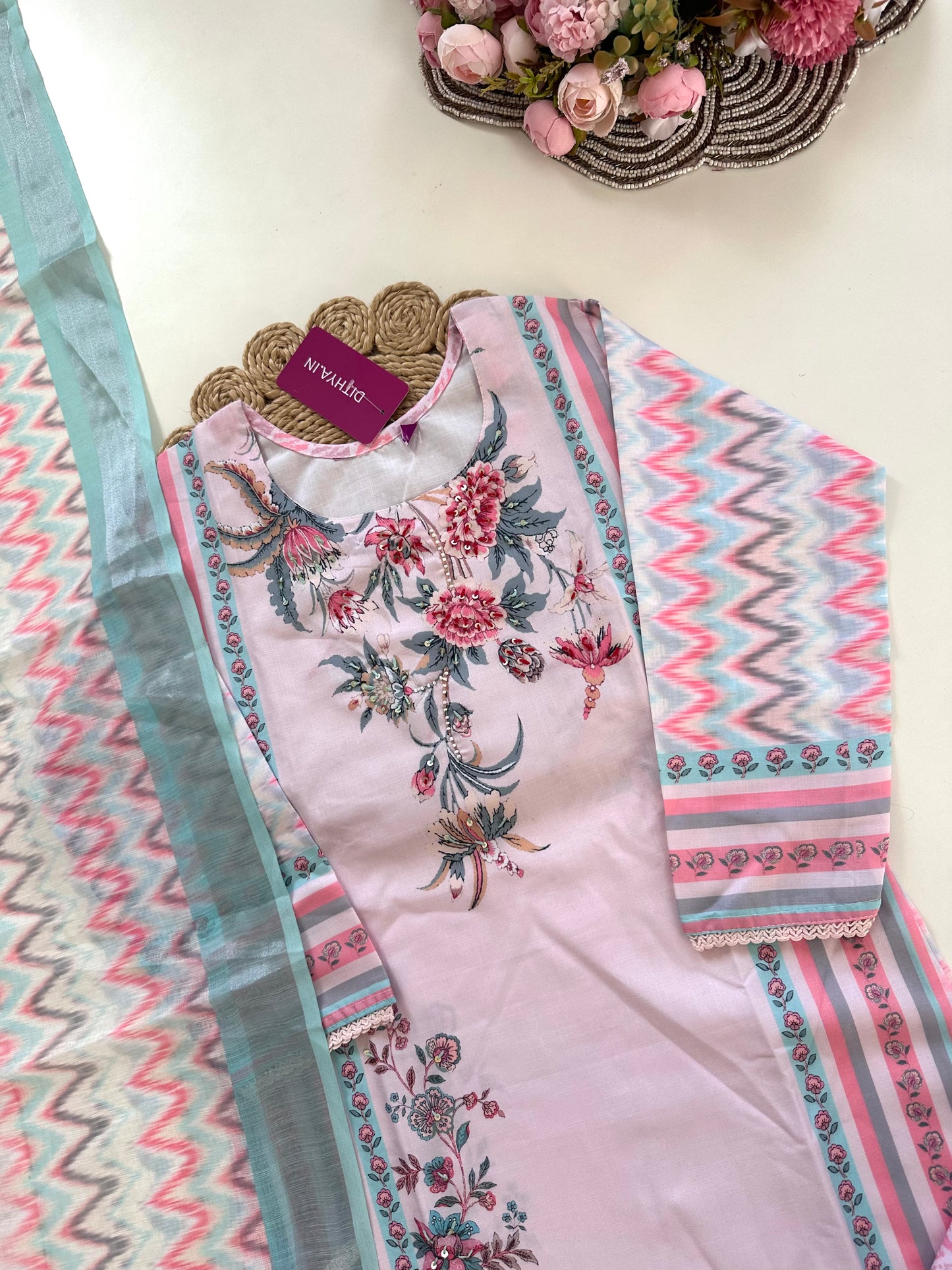K421 - Rayon handwork Straight Kurti with pants and dupatta in 2 coloursp