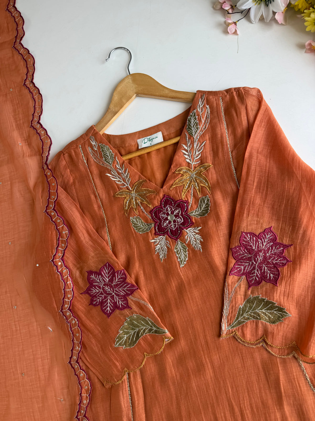 K713 - Mul chanderi appliqué embroidered Aline Kurti with pants and dupatta