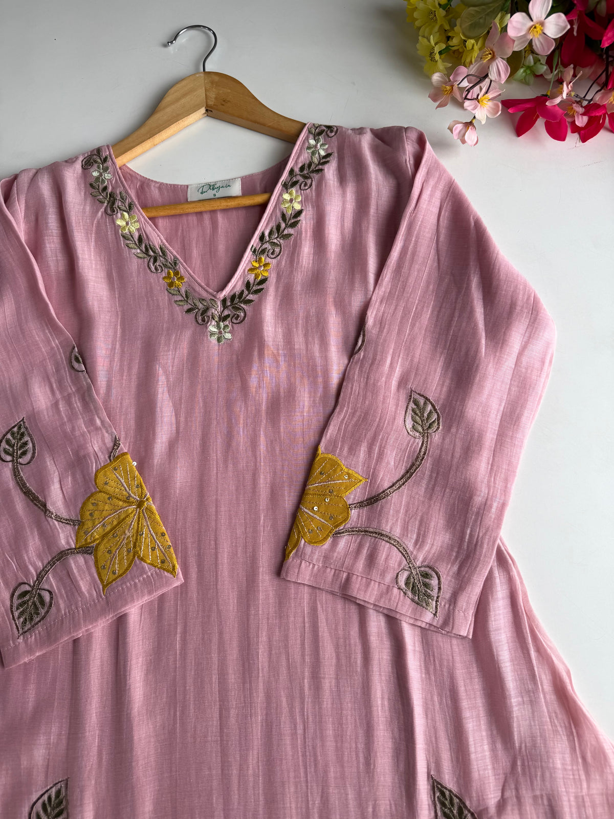 K185 - Mul chanderi appliqué embroidered Aline Kurti with pants and dupatta