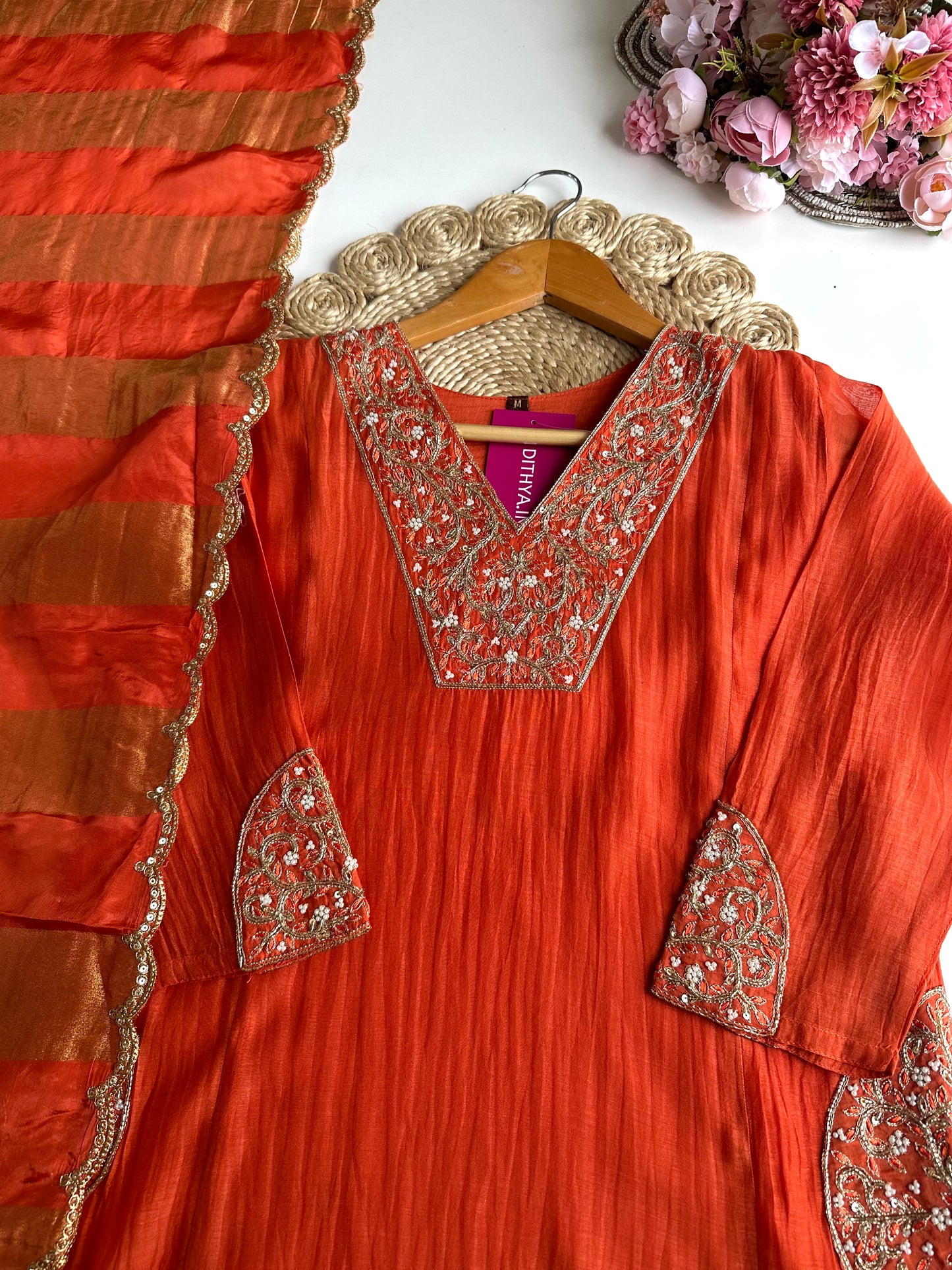 K332 - Mul Chanderi handwork Aline Kurti with pants and gaji organza dupatta