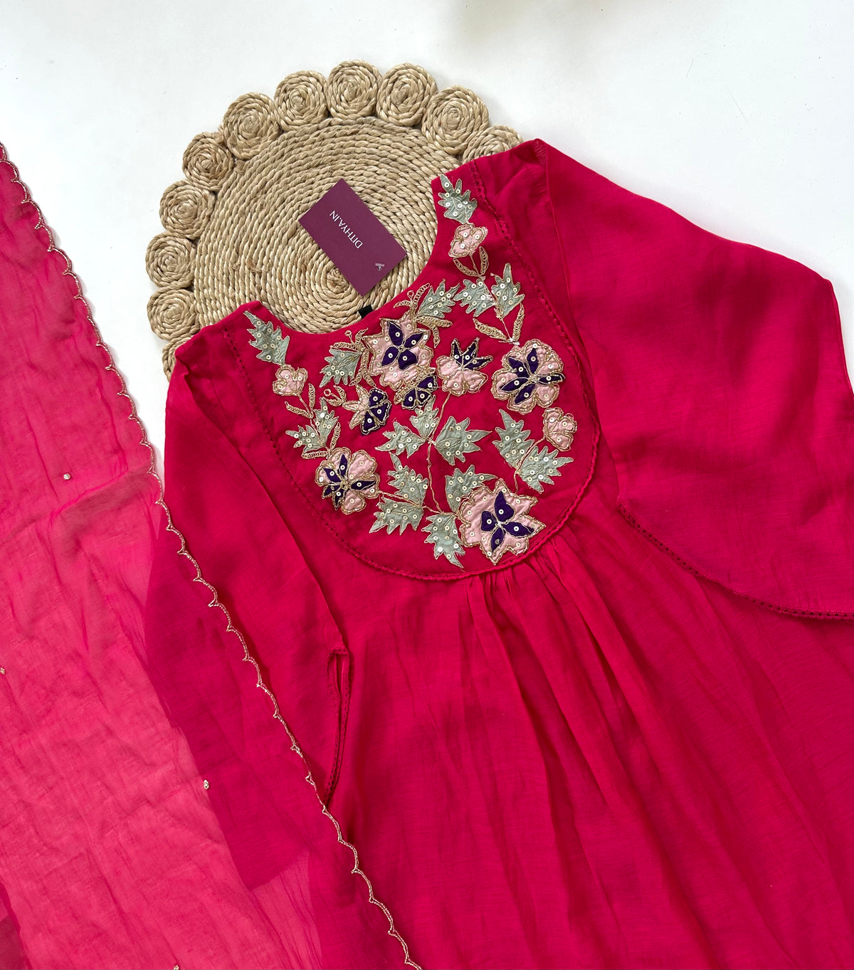K265 - Mul Chanderi applique work Aline Kurti with pants and dupatta in 2 colours