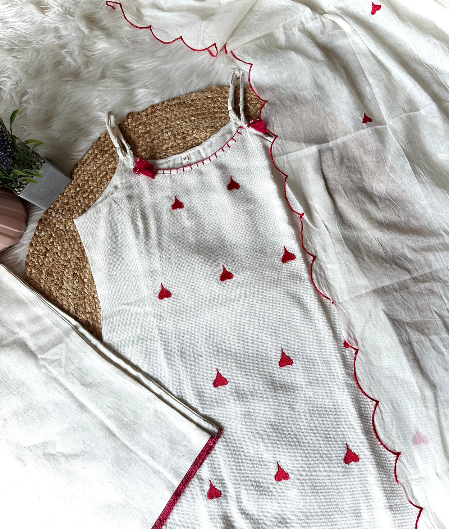 K206 - Slub cotton heart embroidered strap Kurti with pants and dupatta