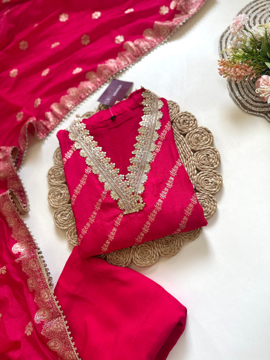 K318 - Jacquard silk Collar neck straight kurti with pants and dupatta