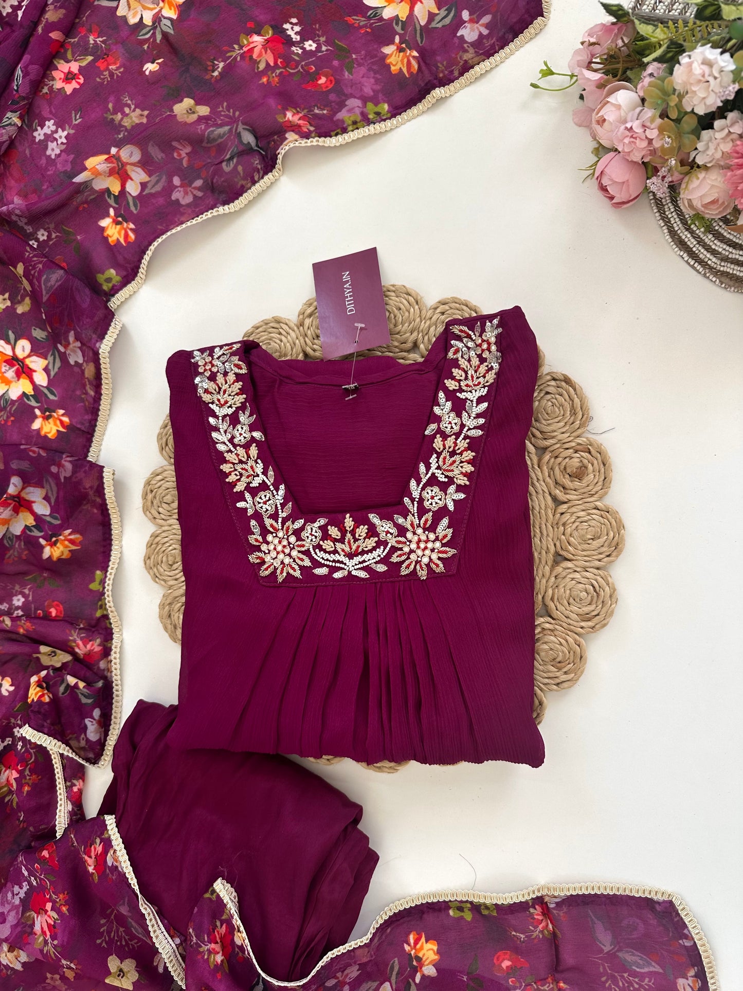 K402 - Chinnon handwork Aline Kurti with pants and viscose organza dupatta