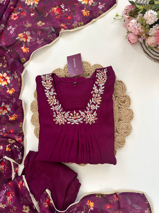 K402 - Chinnon handwork Aline Kurti with pants and viscose organza dupatta