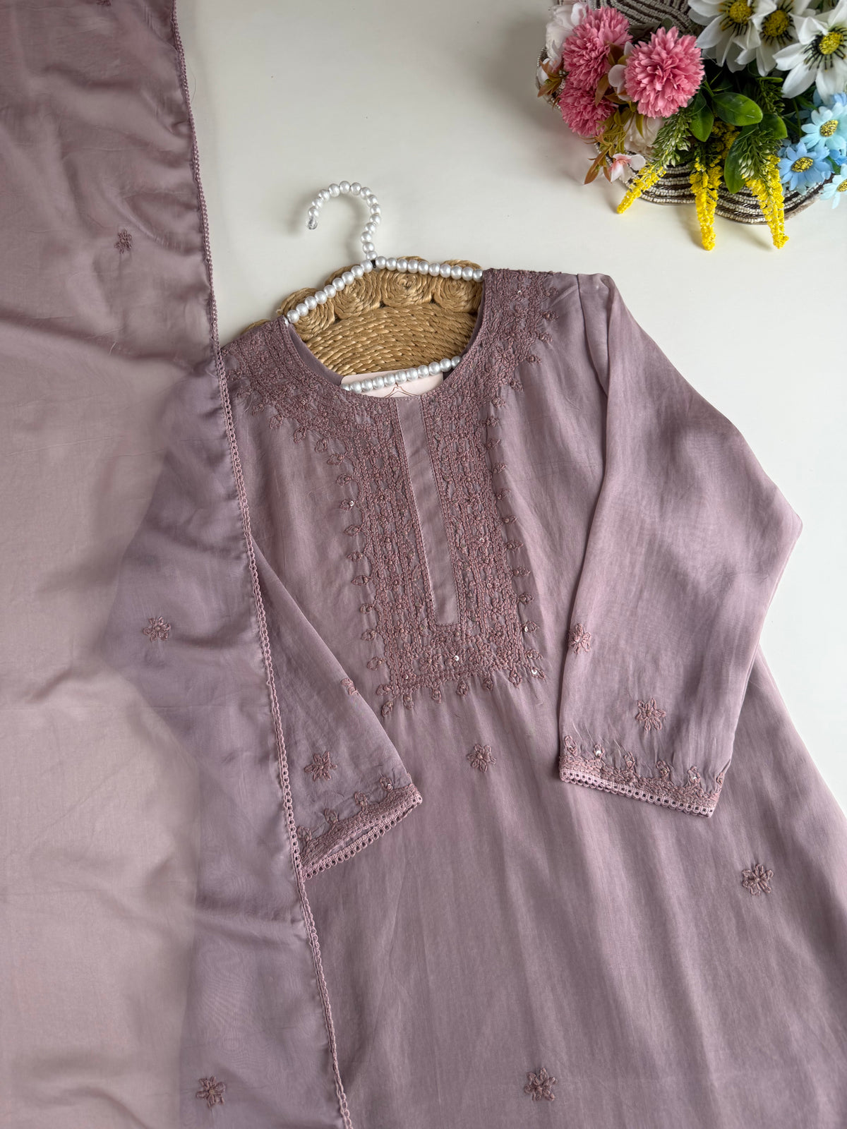 K510 - Viscose organza chikankari straight Kurti with pants and dupatta