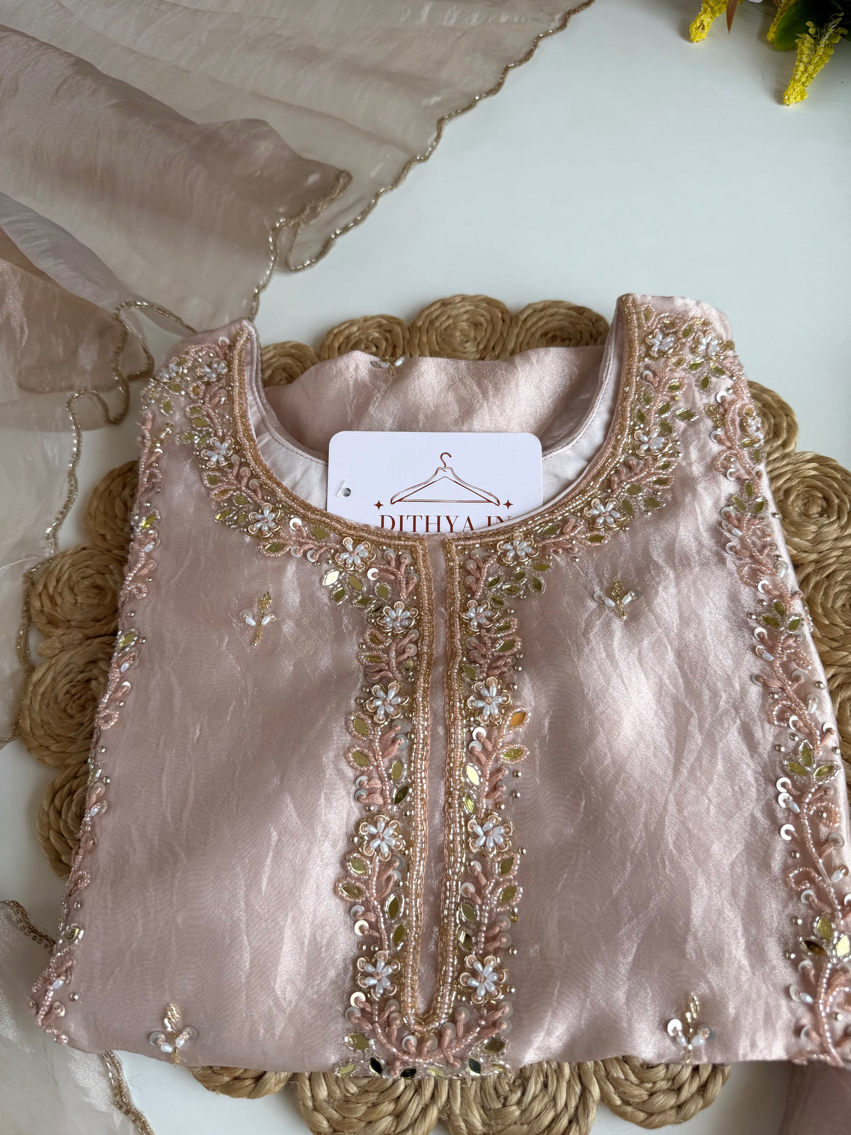 K045 - Glass tissue handwork short Kurti with divider pants and dupatta